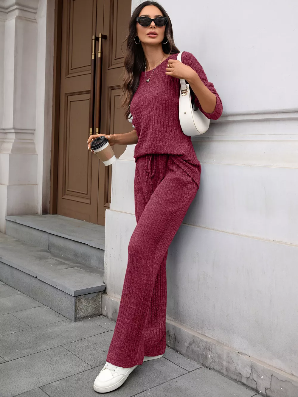 Ribbed Round Neck Top and Pants Set, image 19