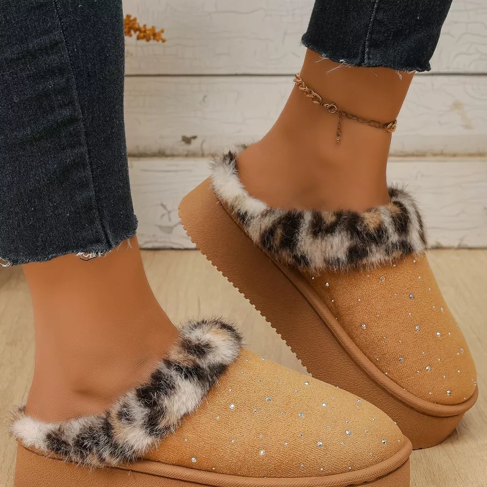 Rhinestone Faux Fur Platform Slippers, image 5
