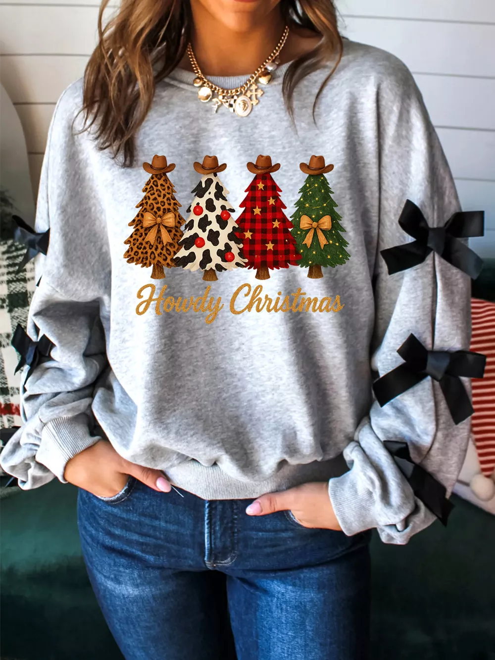 Howdy Christmas 4 Trees Ribbon Bow Decor Sweatshirt