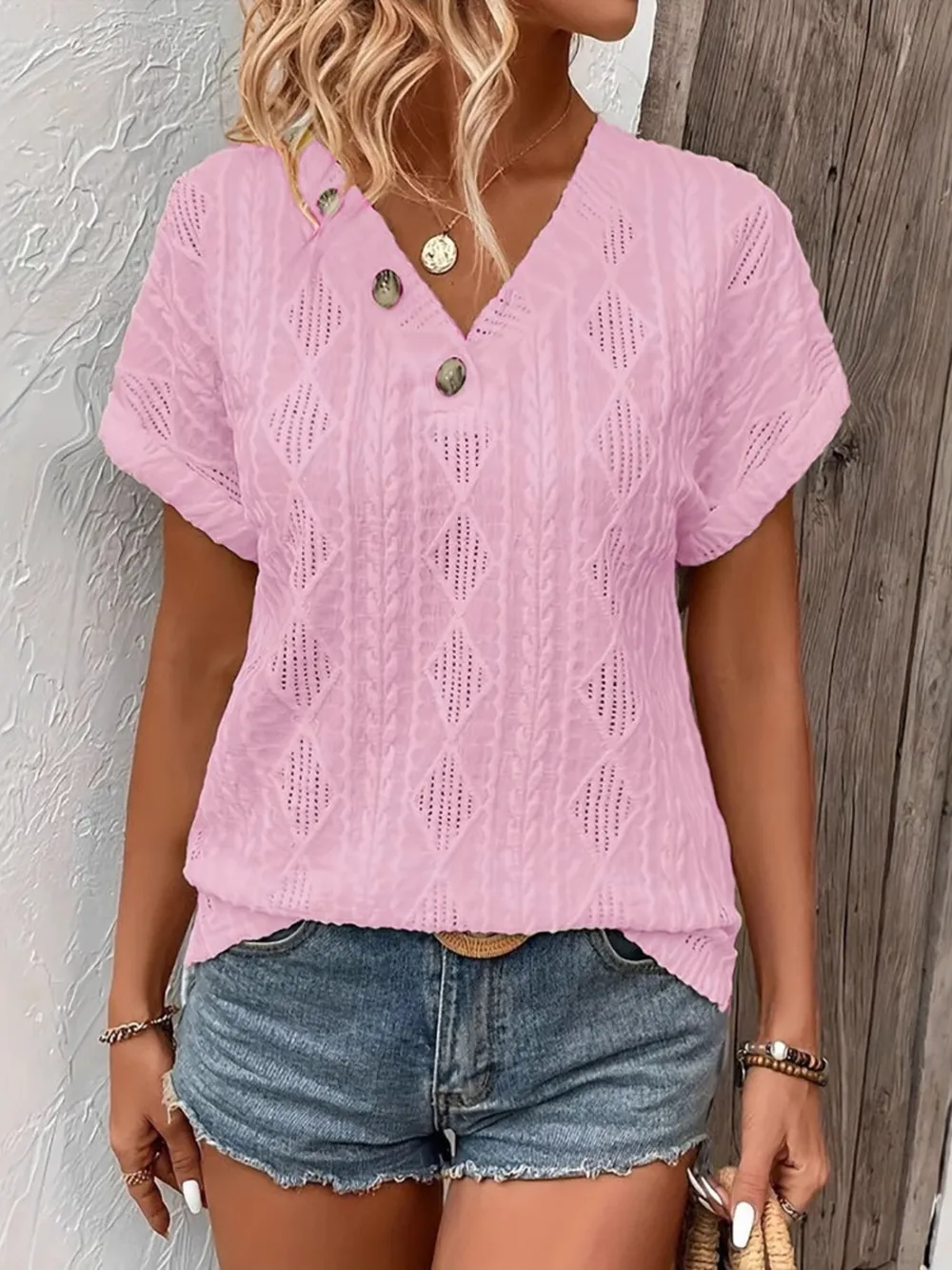 Textured V-Neck Short Sleeve Top, image 26