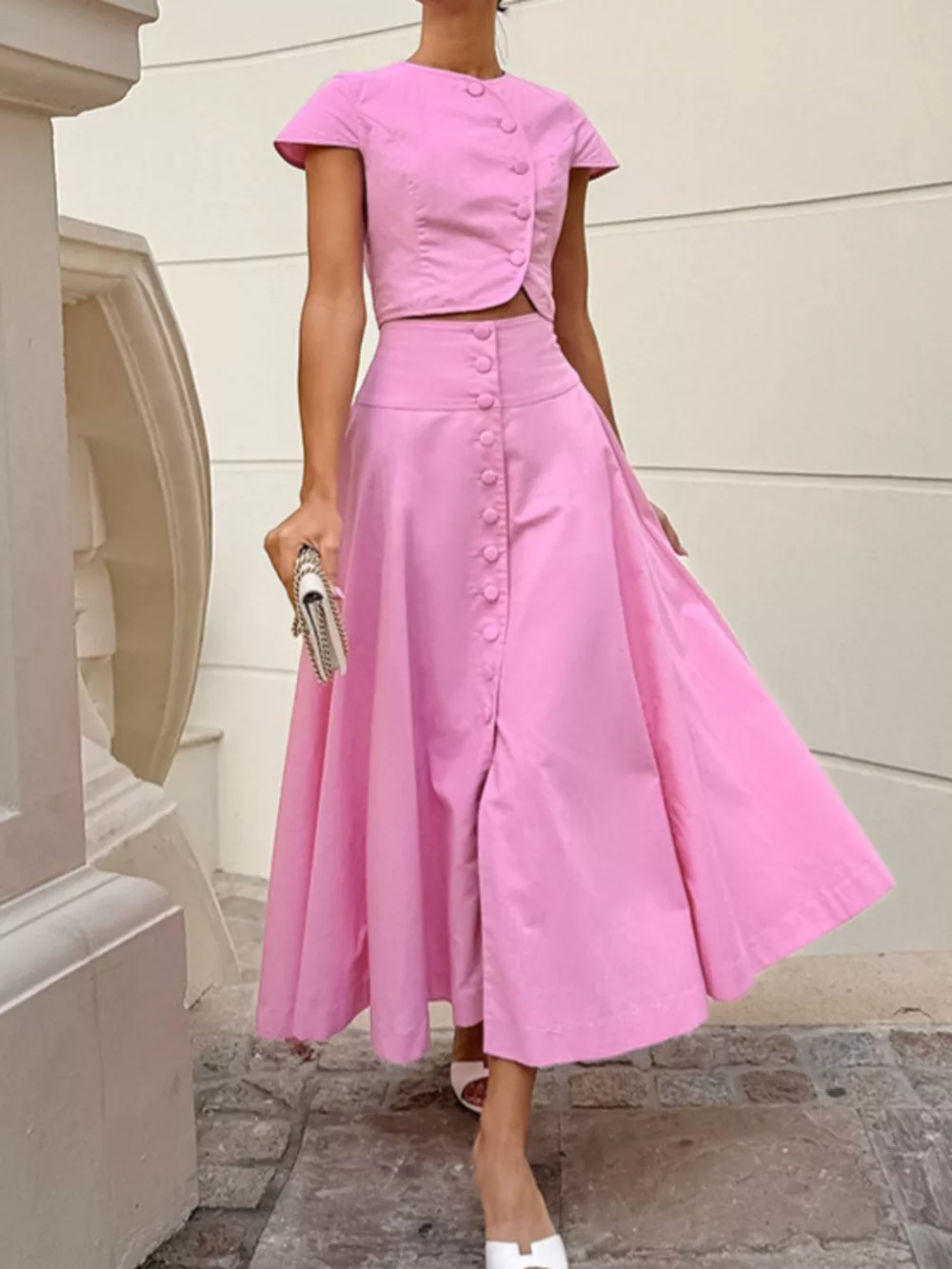 Cap Sleeve Button-Down Crop Top and Midi Skirt Set, image 13