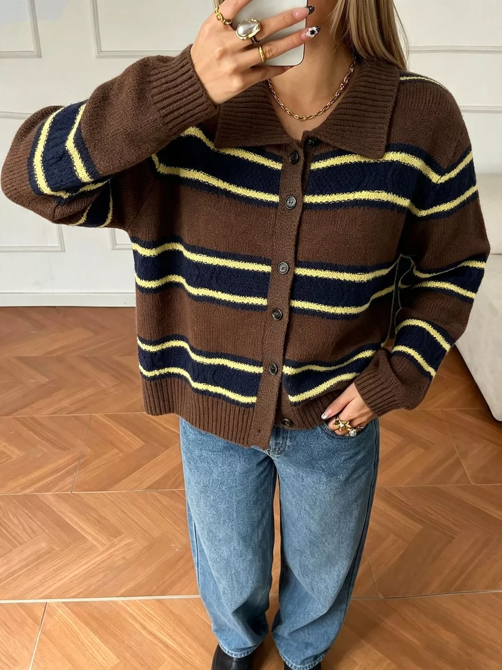 Vintage-Inspired Striped Knit Cardigan with Polo Collar, image 8