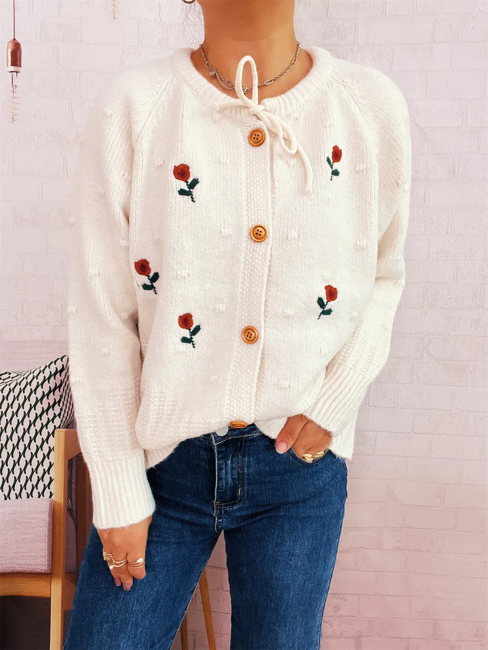 Rose Embroidered Button-Up Cardigan, image 3