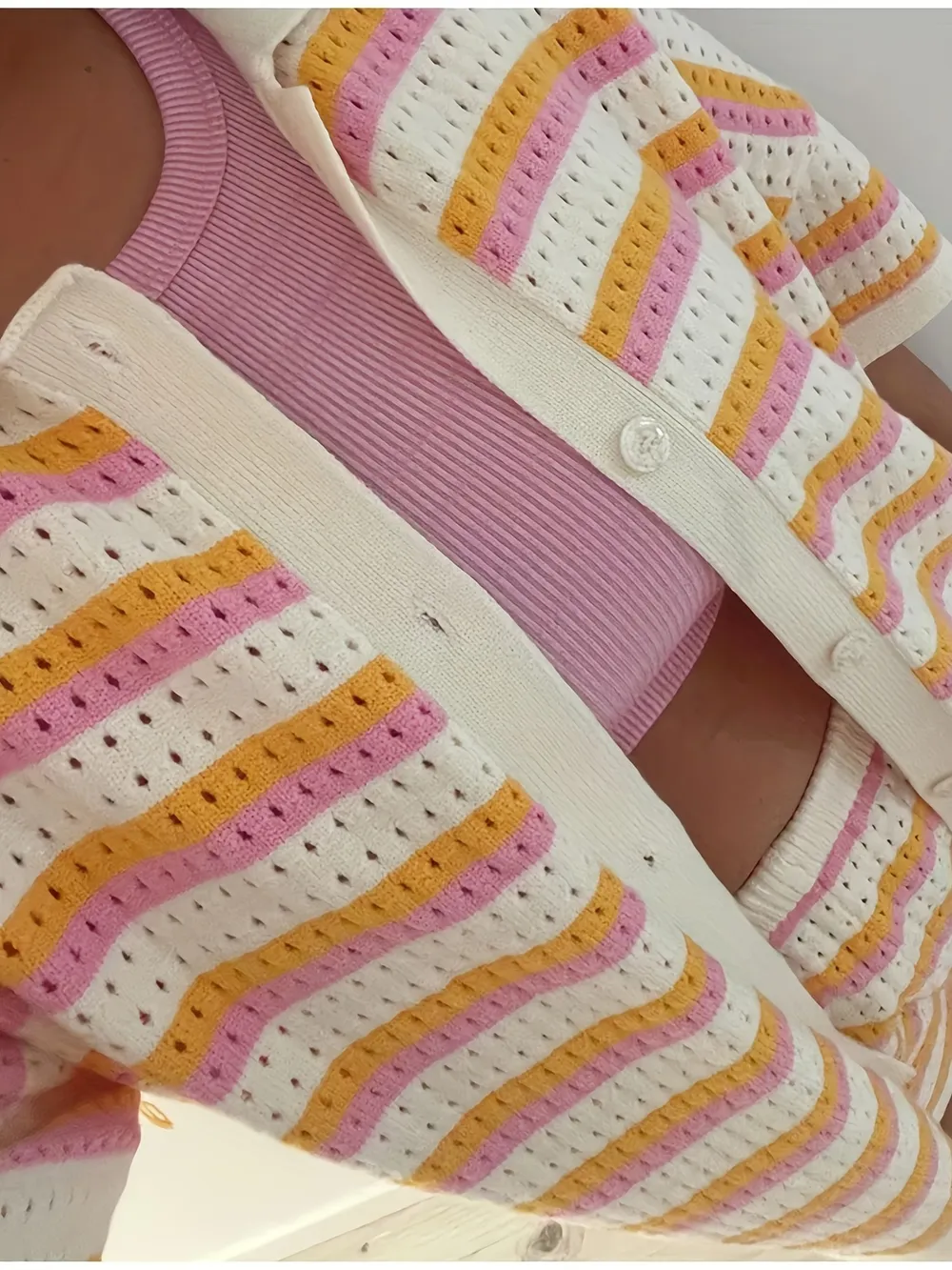 Colorful Striped Button Up Top and Shorts Sweater Set, image 5