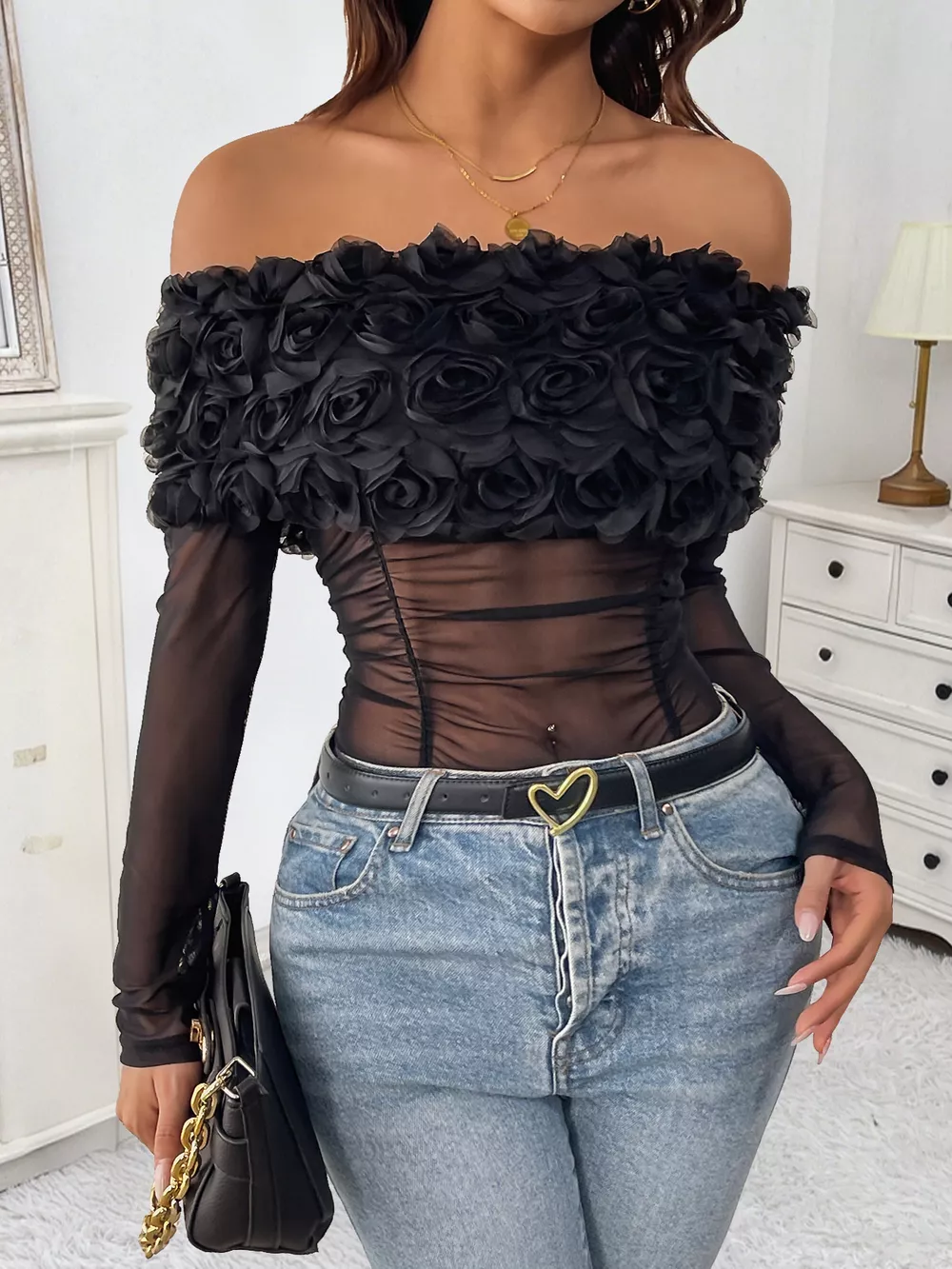 Flower Off-Shoulder Mesh Bodysuit, image 7
