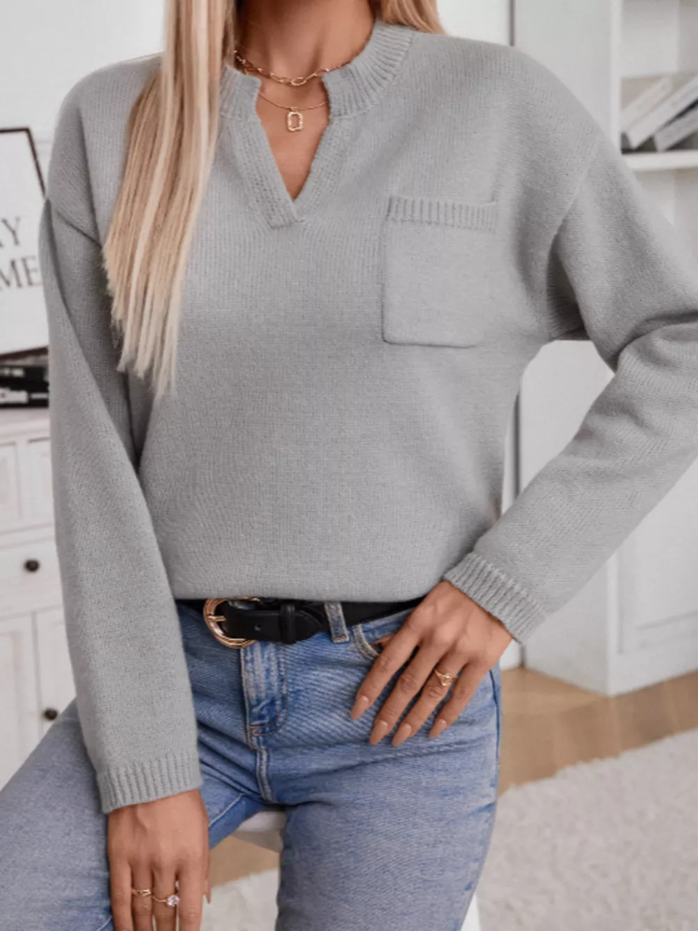 Notched Dropped Shoulder Sweater, image 2