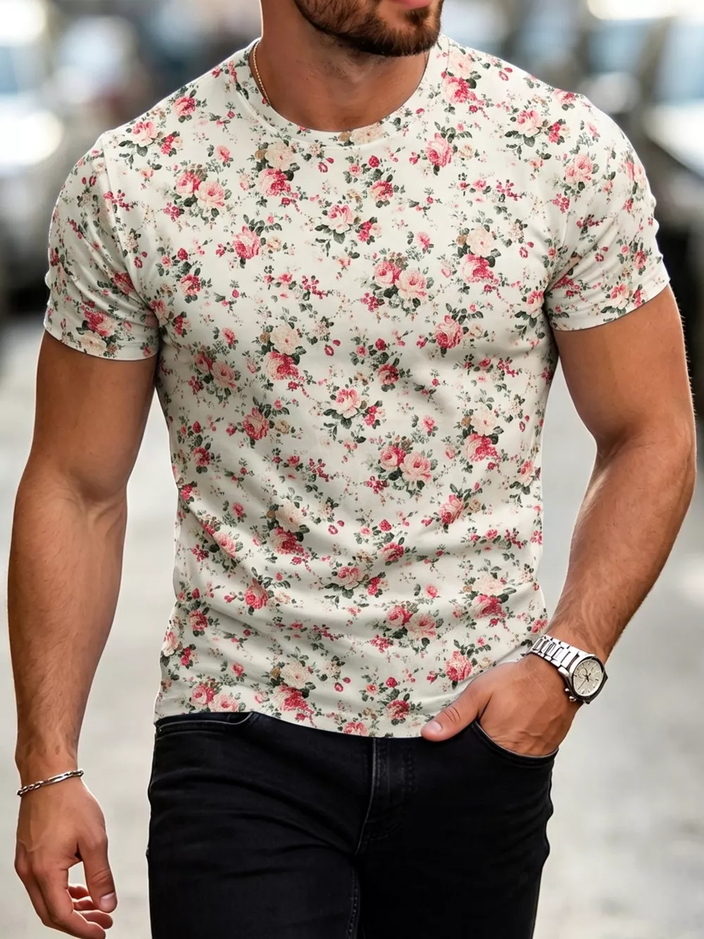 Men's Plus Size Floral Print Slim Fit T-Shirt, image 7