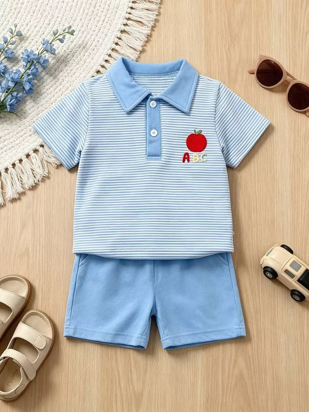 Children's Striped Polo Shirt & Shorts Set with Apple Embroidery