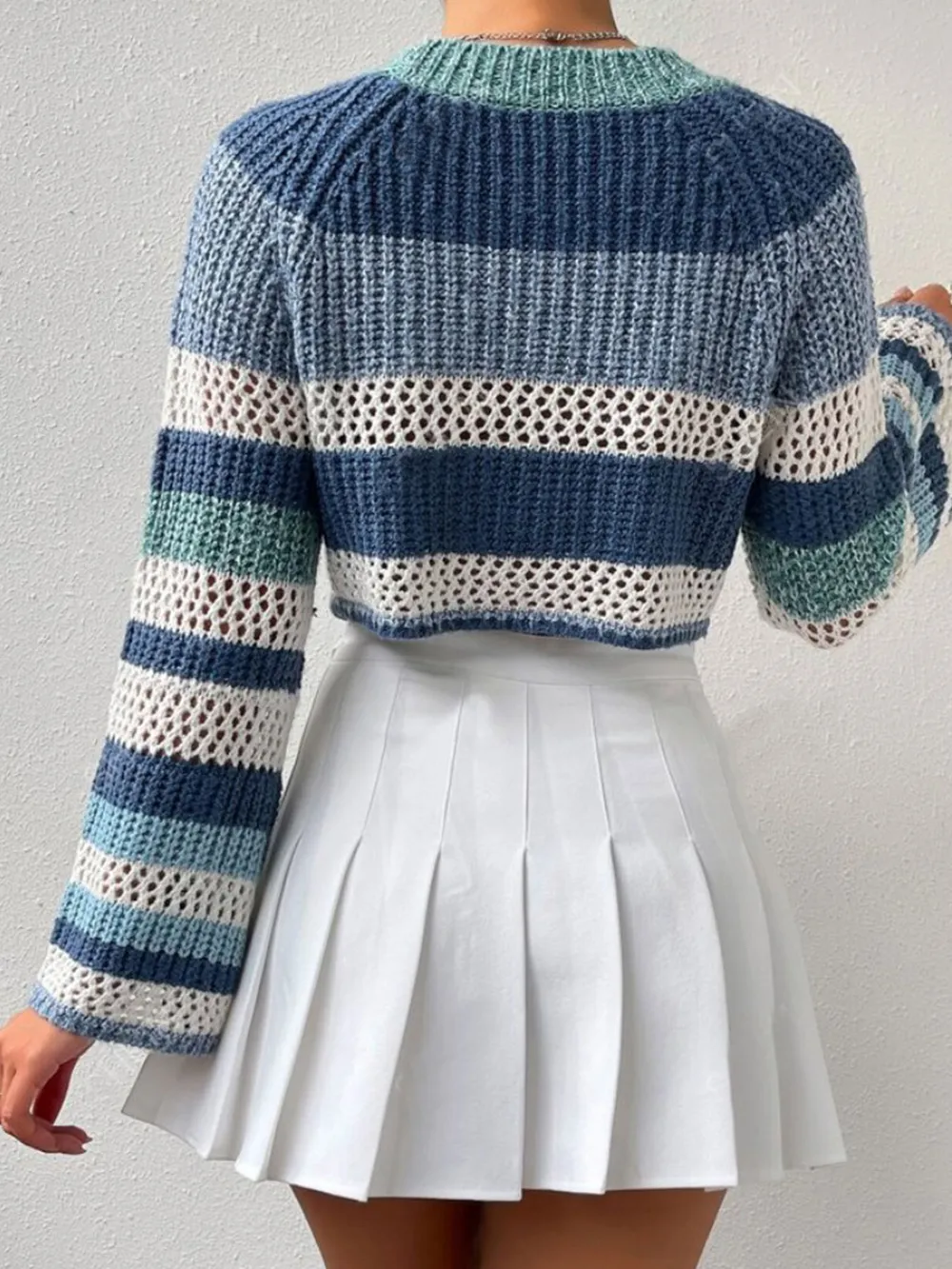 Openwork Striped Color Block Crop Sweater, image 5