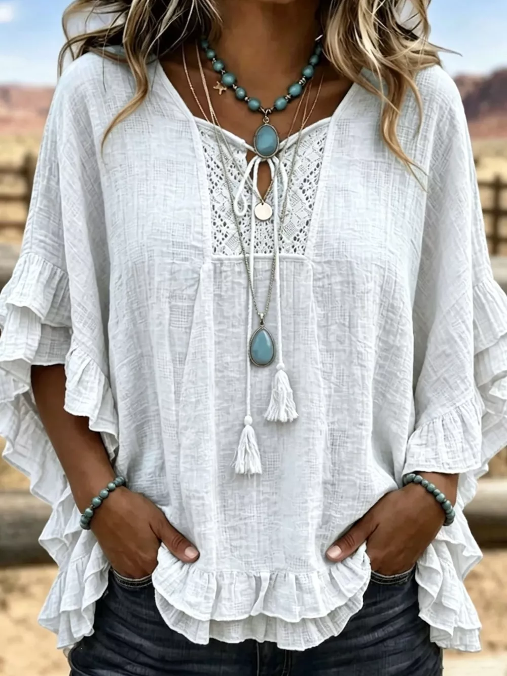 Full Size Tassel Tie Neck Ruffled Hem Blouse Plus Size, image 2