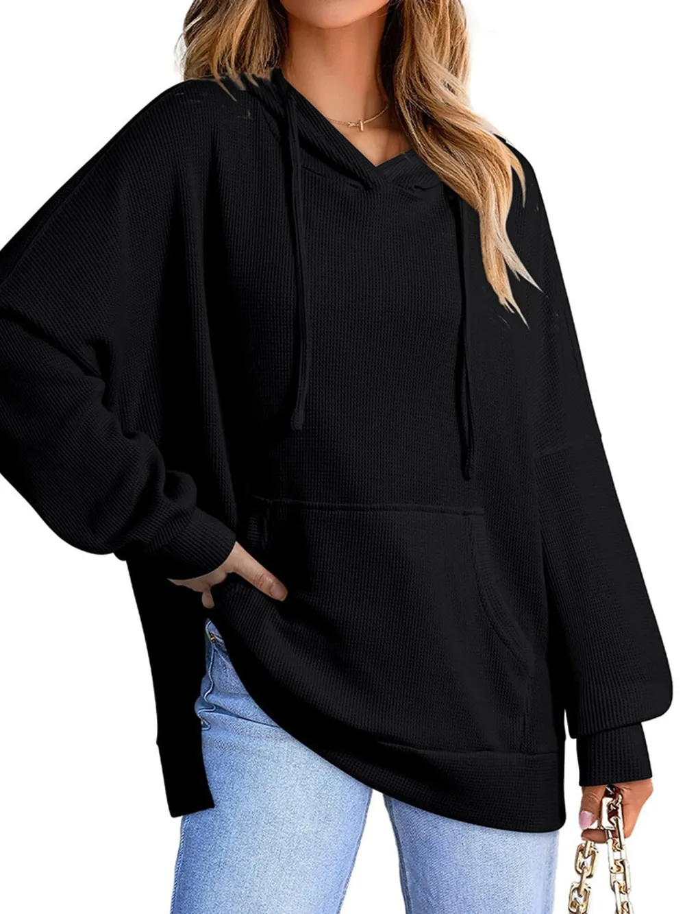 Slit Drawstring Waffle Knit Hoodie, image 6