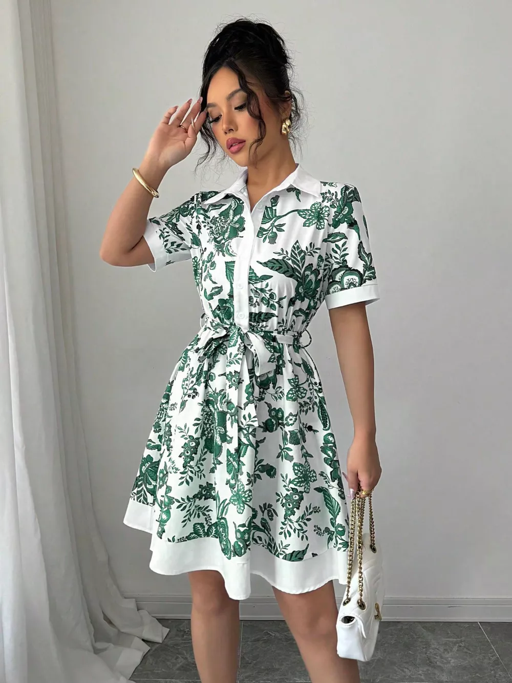 Printed Button Front Mini Dress, image 8