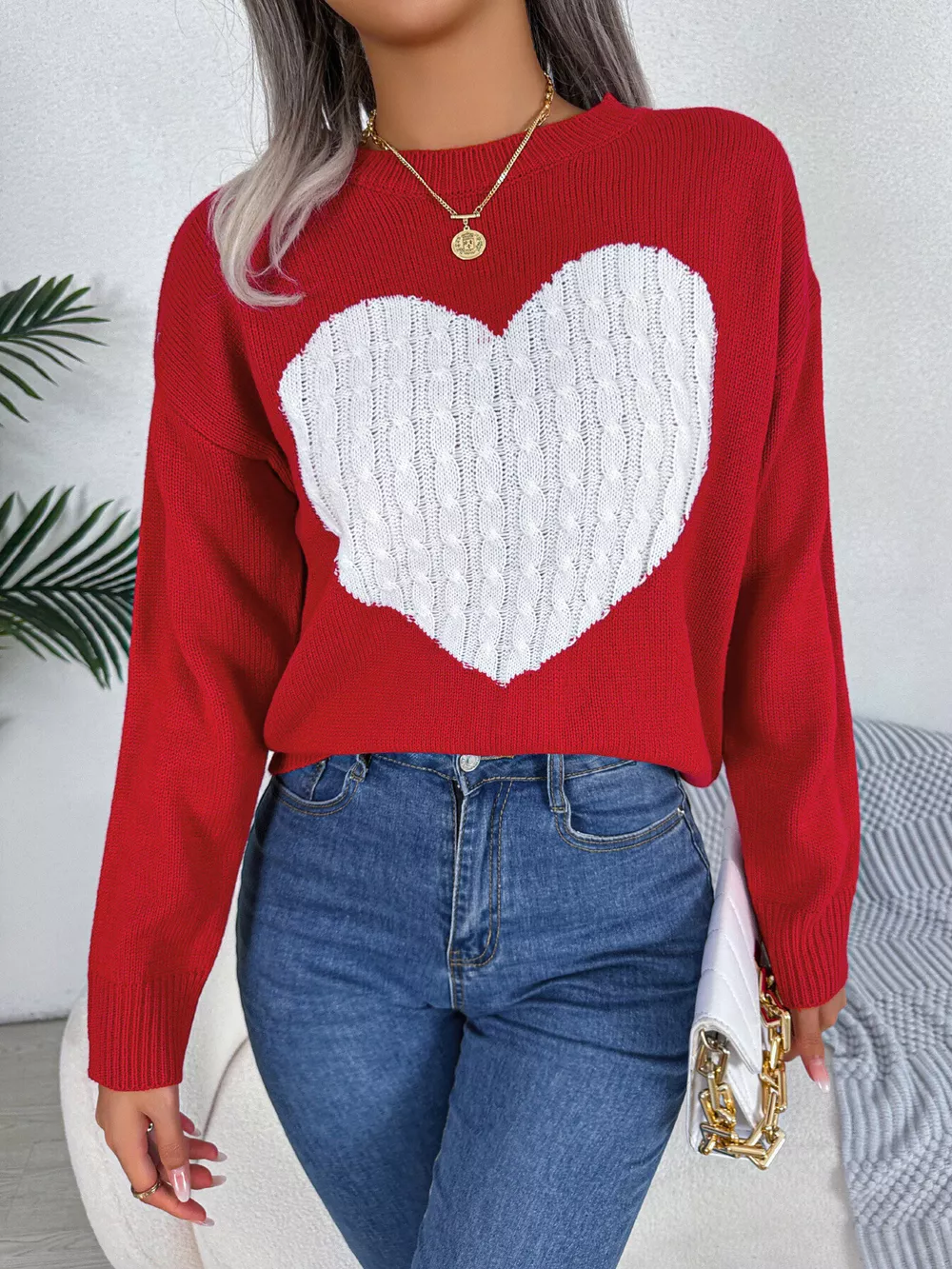 Cable Knit Heart Round Neck Sweater, image 14