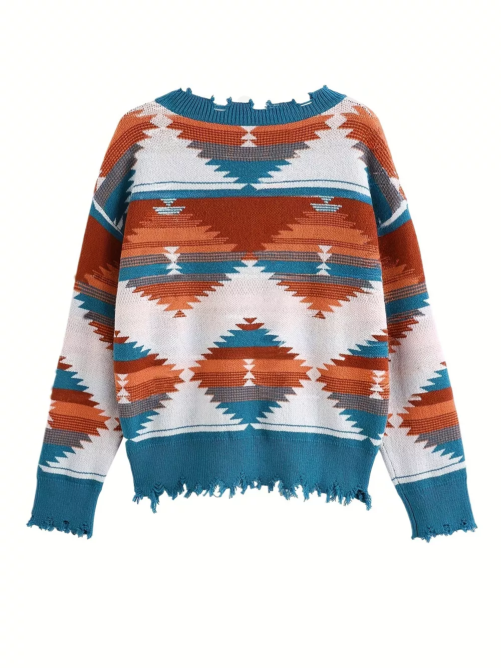 Geometric Frayed Hem V-Neck Long Sleeve Sweater, image 27