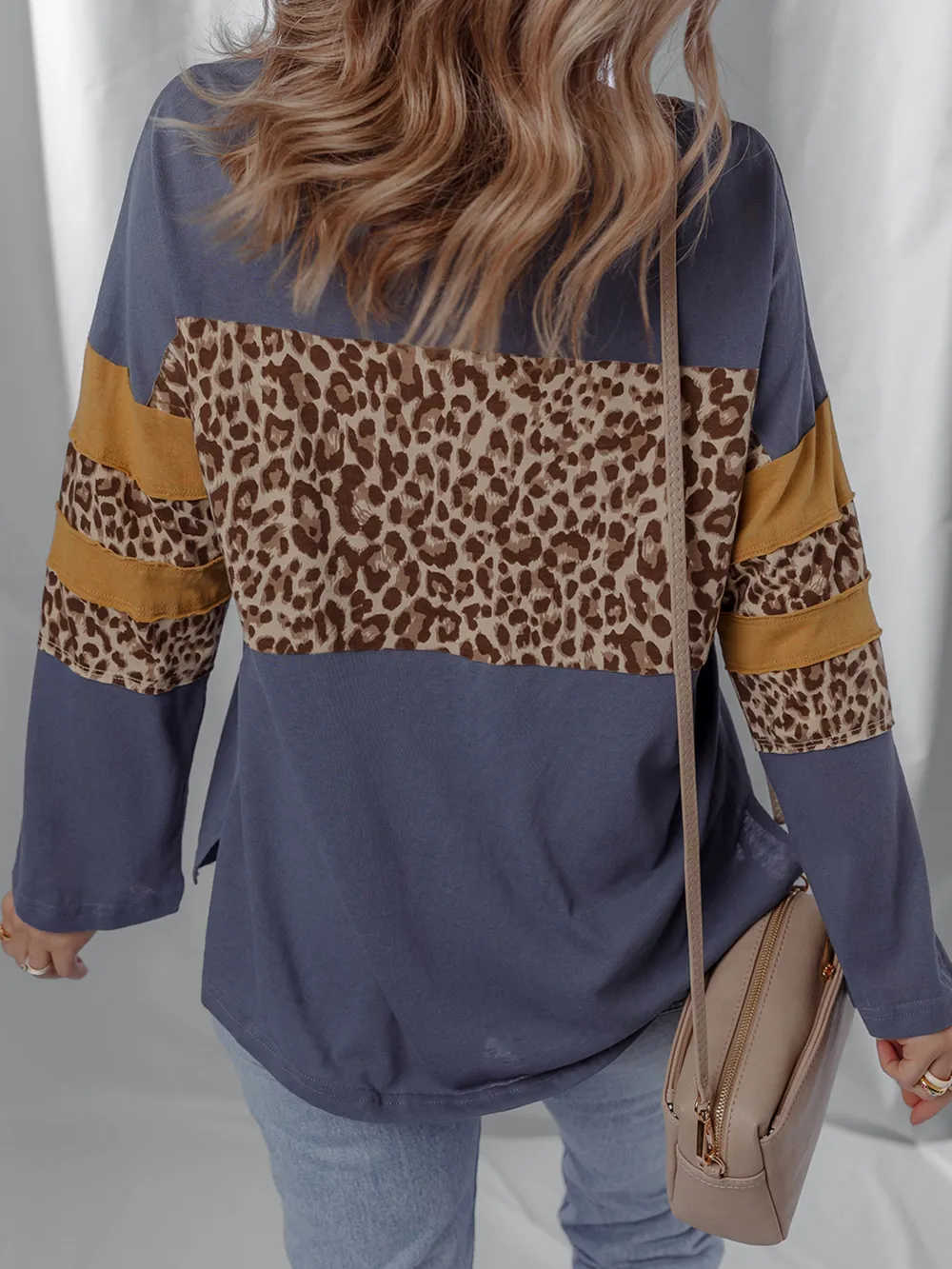 Leopard Color Block Long Sleeve Drop Shoulder Top, image 8