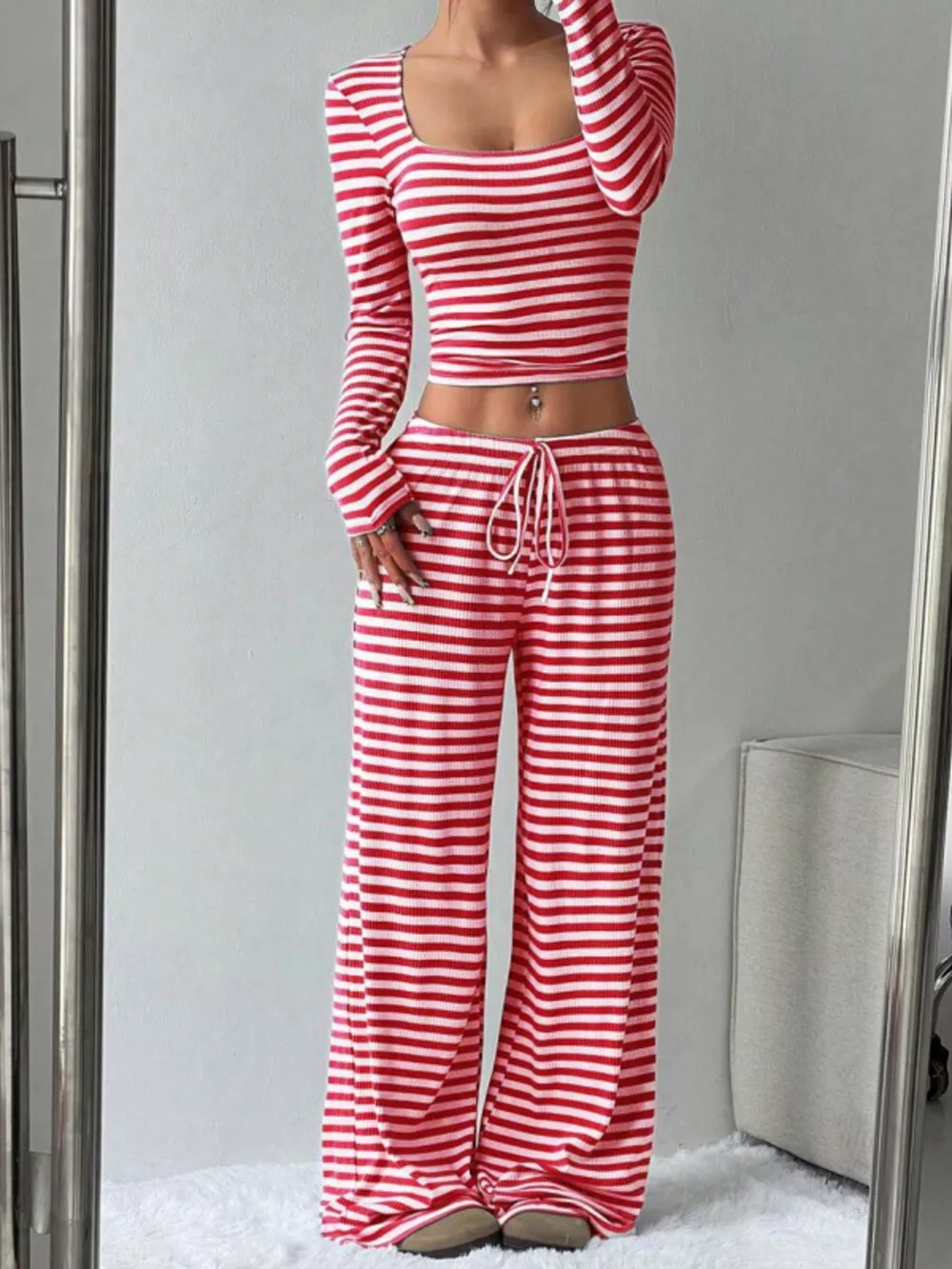 Striped Long Sleeve Crop Top and Wide Leg Pants Set, image 15