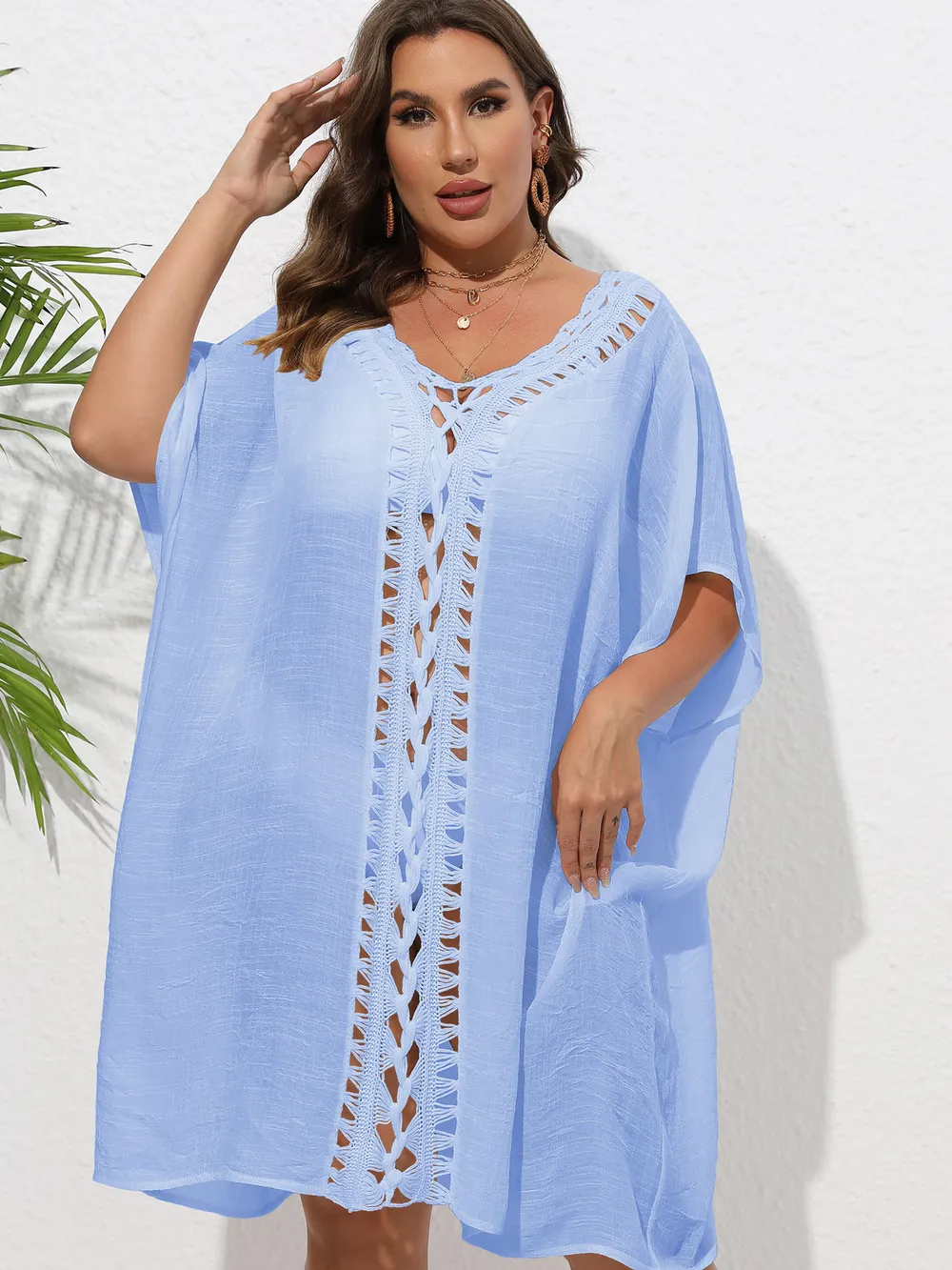 Crochet Trim V-Neck Beach Cover Up Dress, image 43