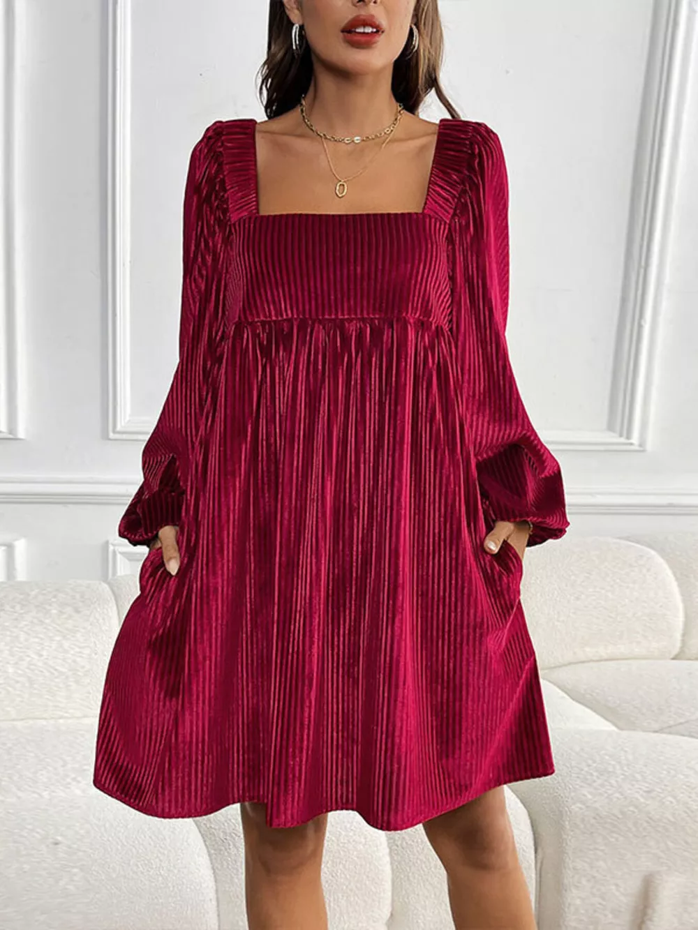 Velvet Square Neck Long Sleeve Dress, image 13