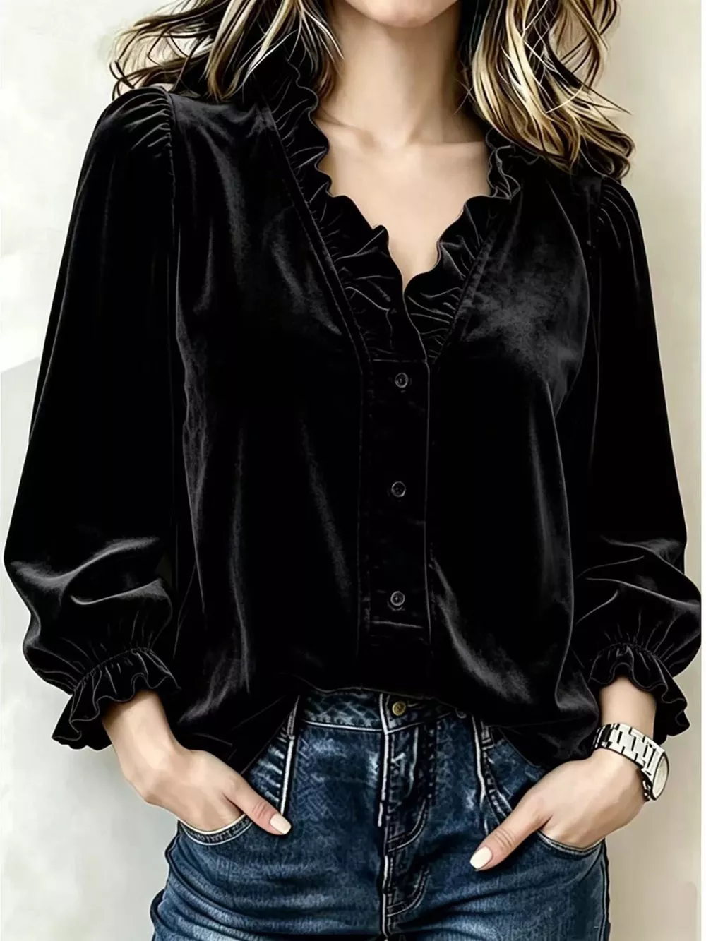V-Neck Ruffled Velvet Button Down Blouse, image 3