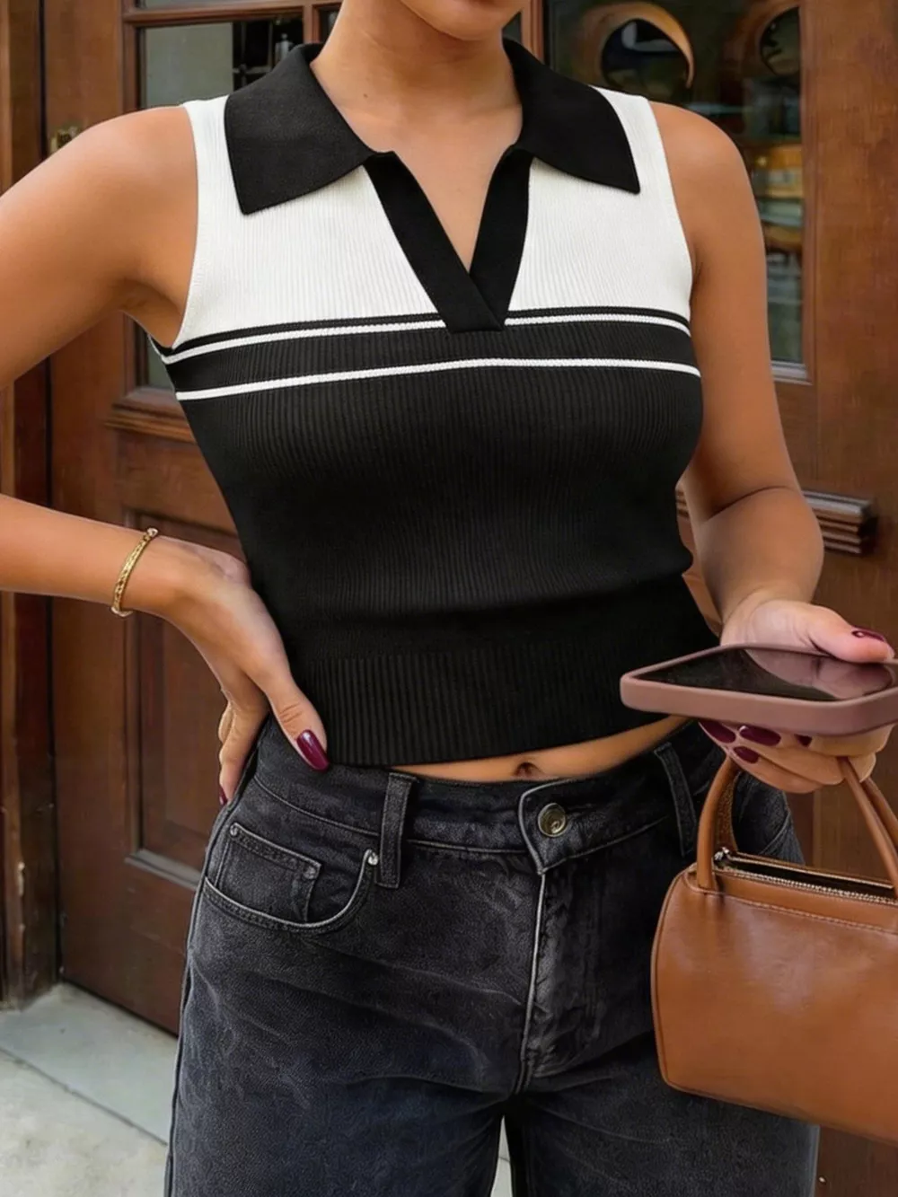 Contrast Collar Striped Knit Sweater Vest, image 2