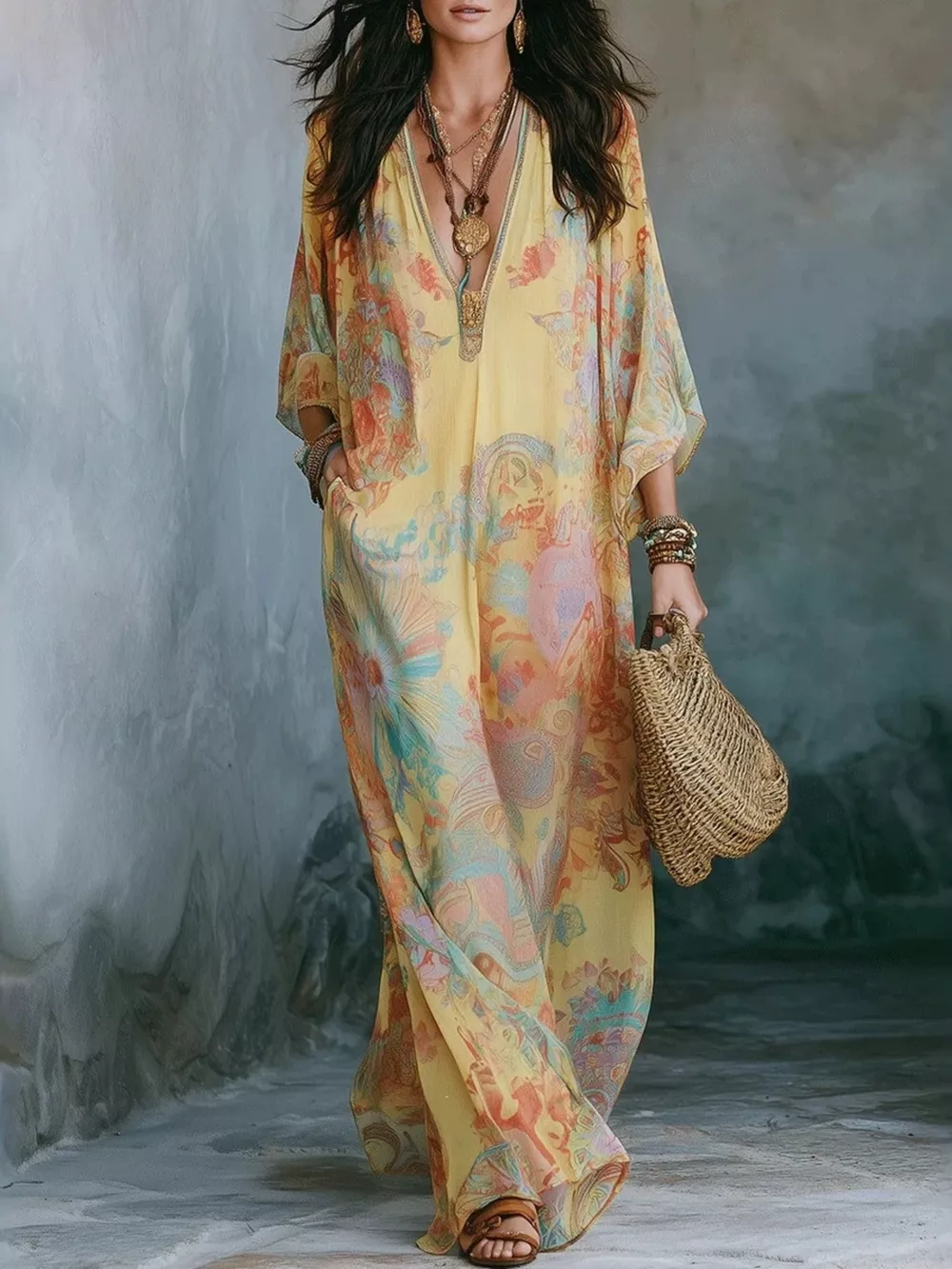 Full Size Floral Print V-Neck Maxi Dress Plus Size