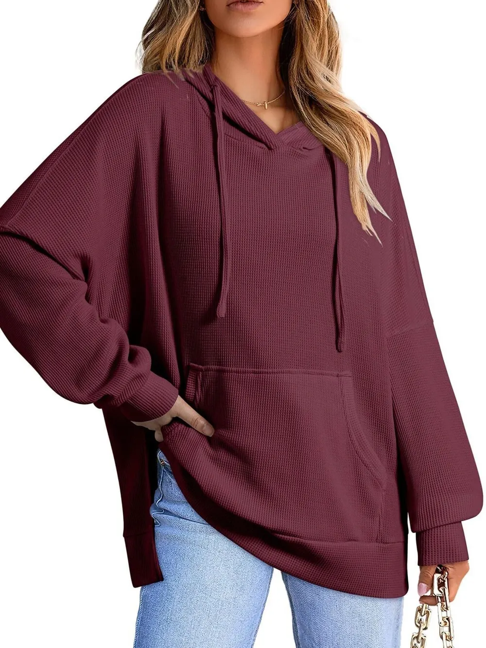 Slit Drawstring Waffle Knit Hoodie, image 10