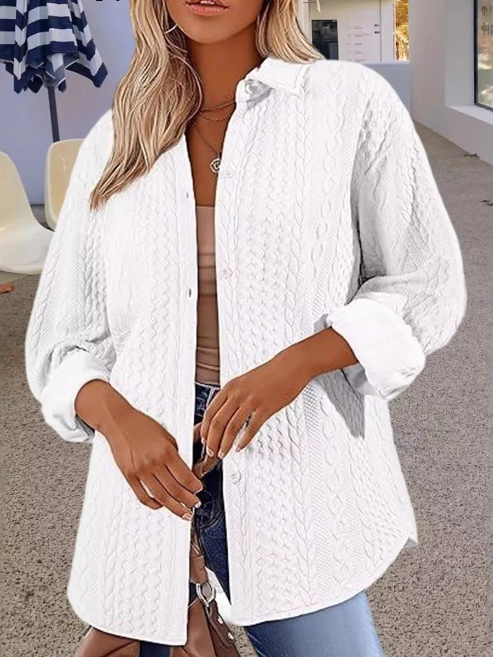 Texture Button Up Long Sleeve Shacket, image 3