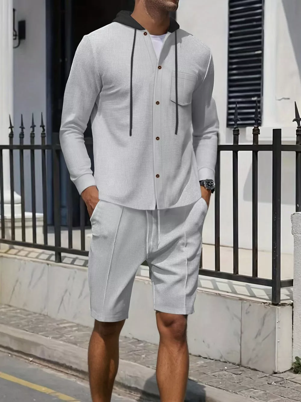 Men's Full Size Casual Hooded Button-Up Top and Shorts Set Plus Size, image 16