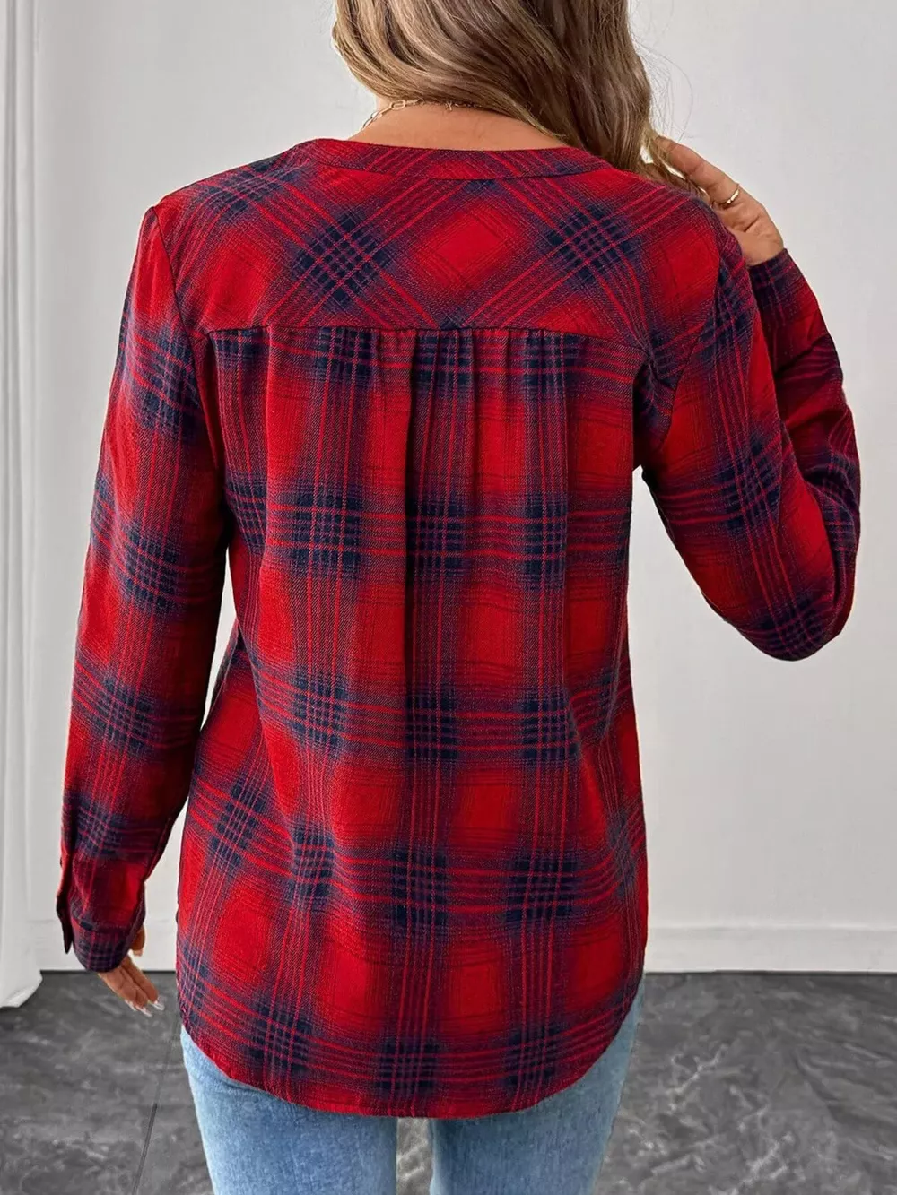 Plaid Half Button Long Sleeve Blouse, image 10