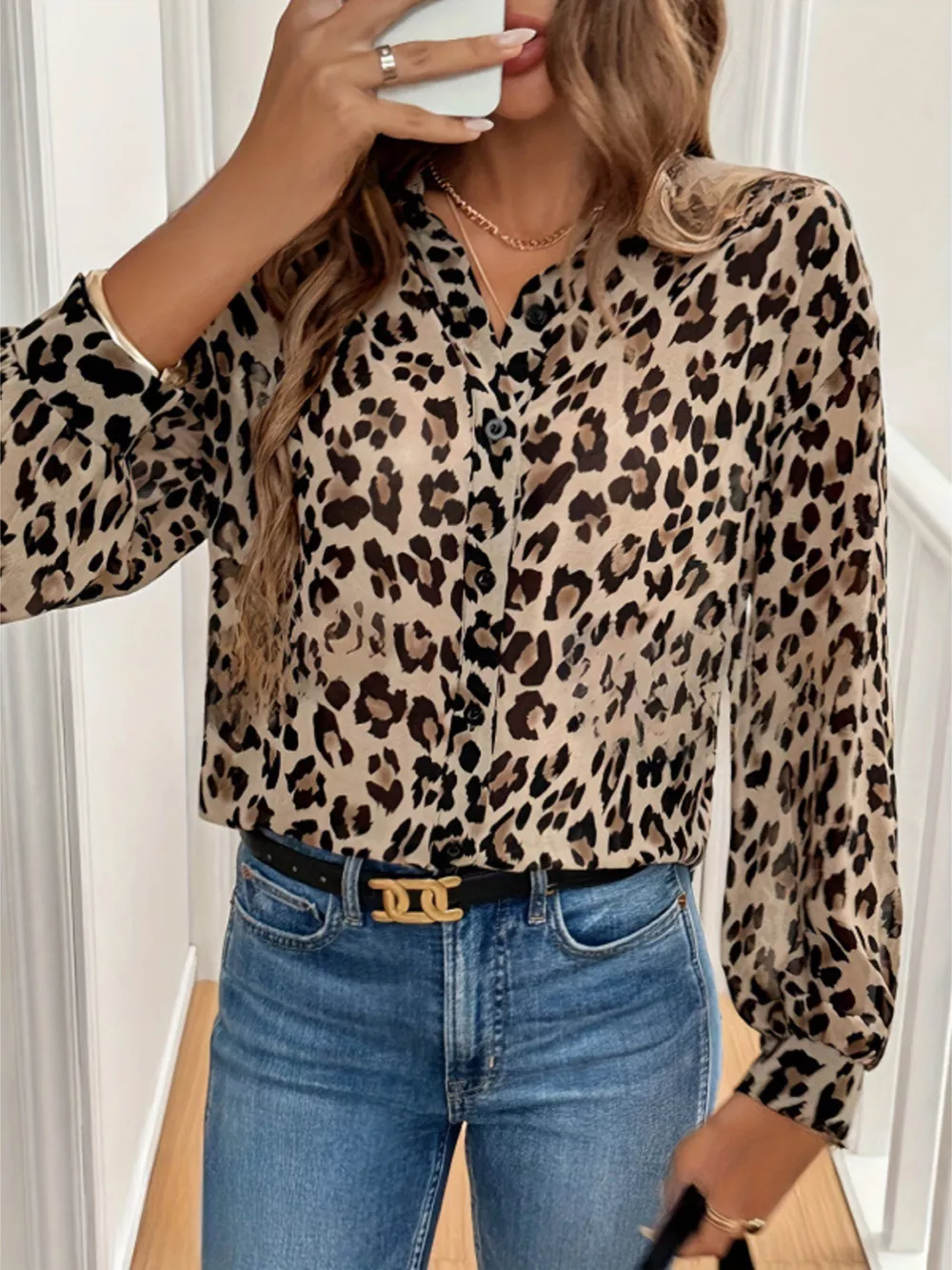 Leopard Print Button-Down Long Sleeve Shirt, image 5