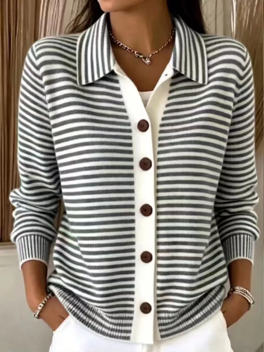 Full Size Striped Button-Down Knit Cardigan Plus Size