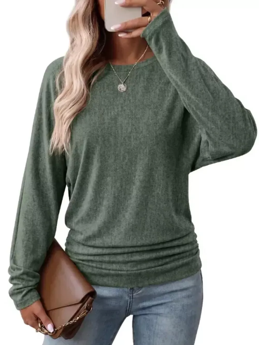 Long Sleeve Crew Neck Casual T-Shirt with Ruched Hem, image 17
