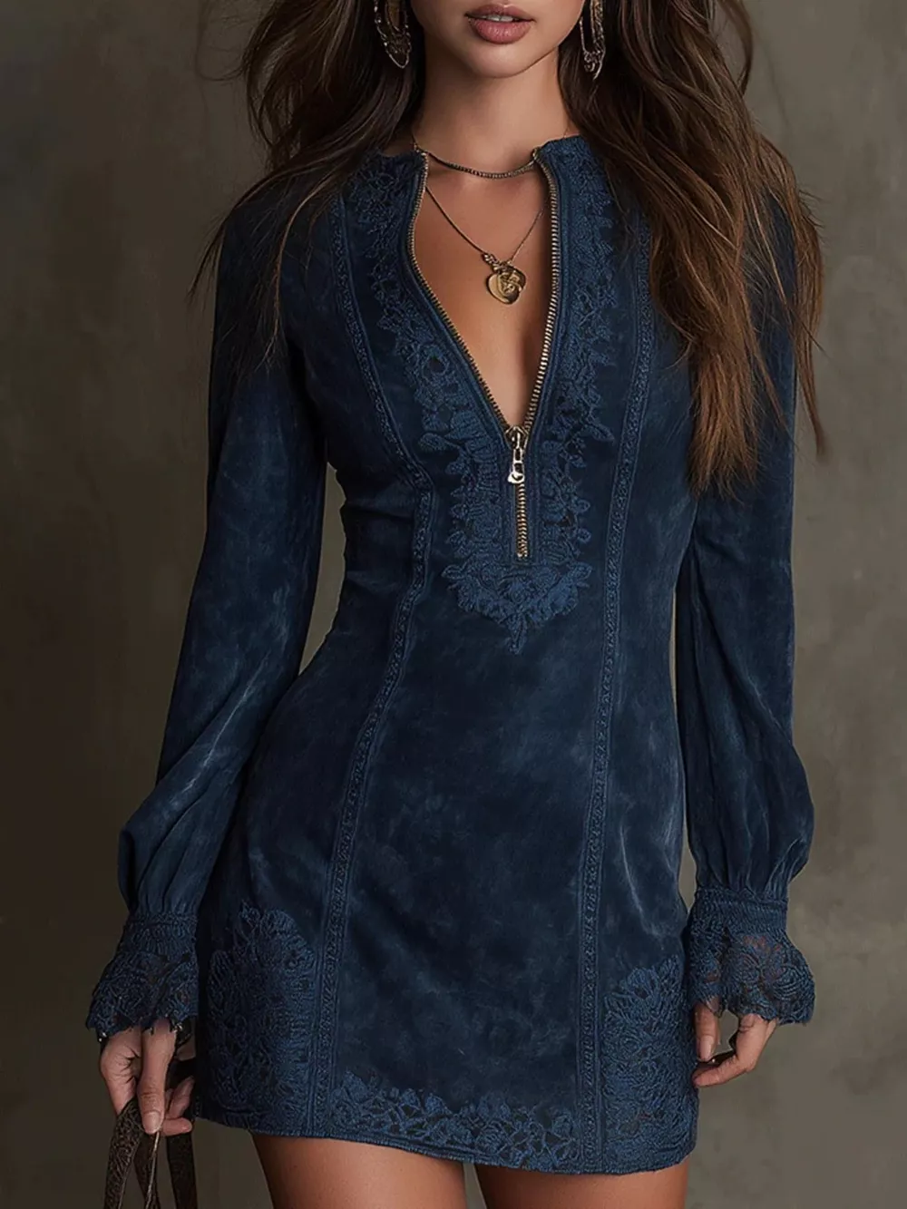 Full Size Zip-Front Long Sleeve Mini Dress Plus Size, image 2