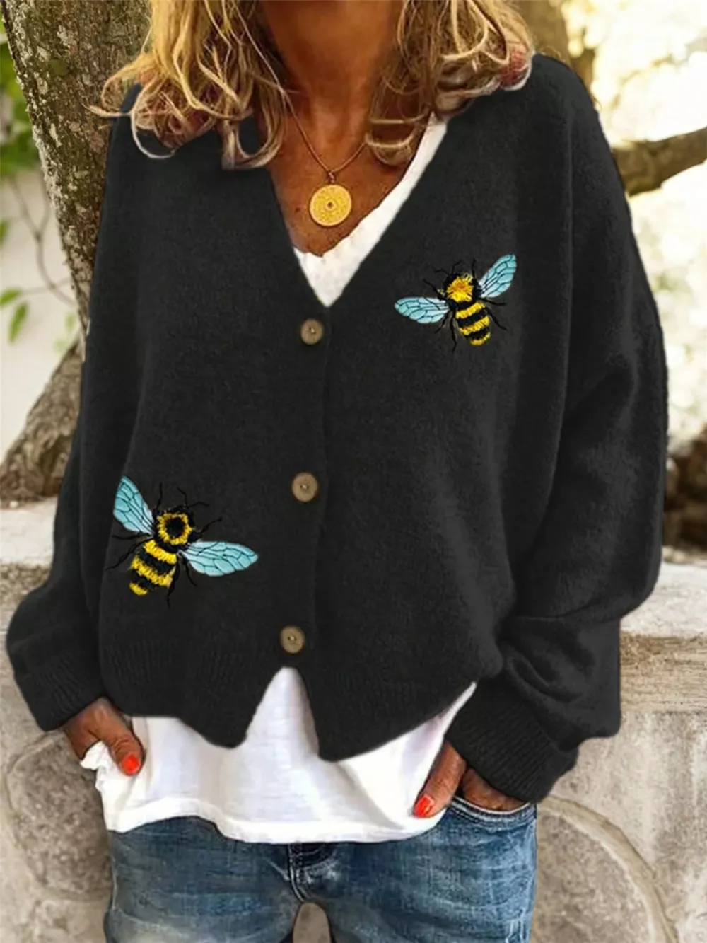 Bee Embroidered Button-Down Cardigan