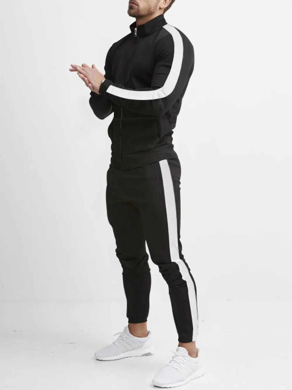 Men's Full Size Side Stripes Zip Up Top and Pants Set Plus Size