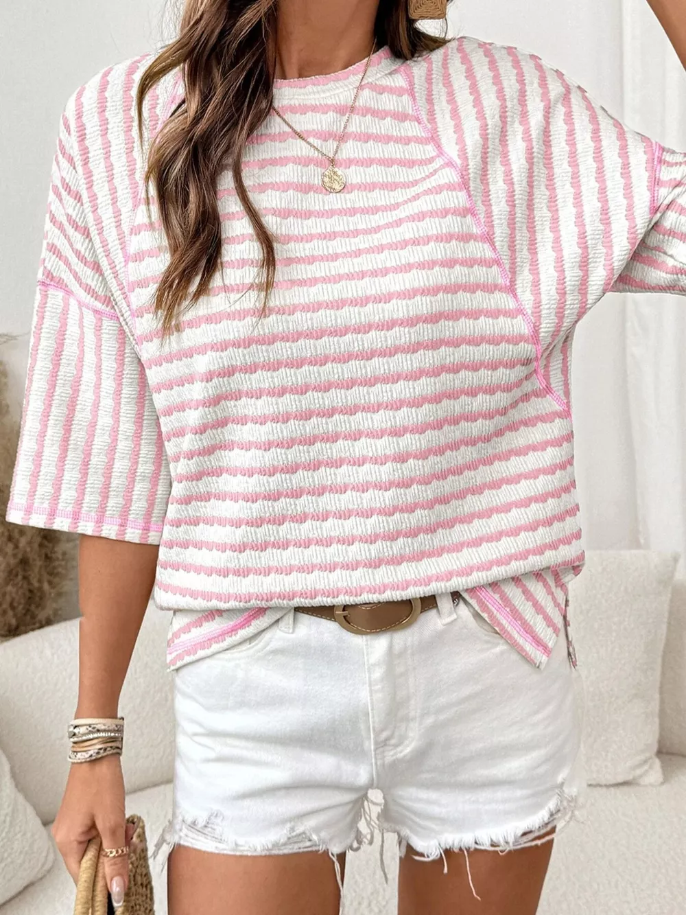 Casual Striped Raglan Sleeve Textured T-Shirt, image 8