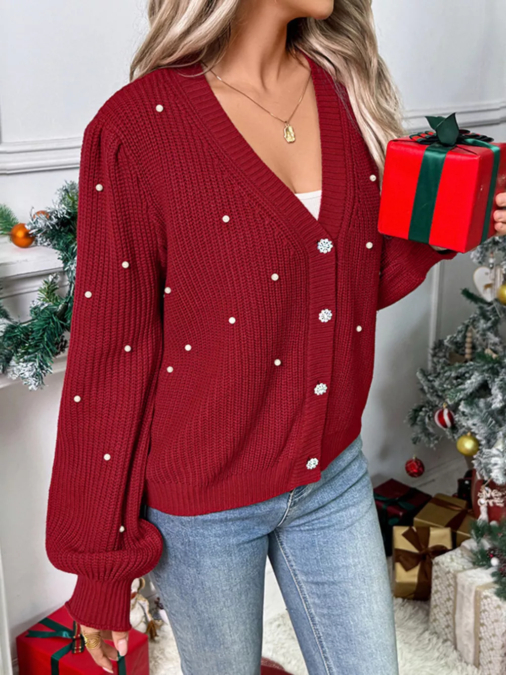Pearl Embellished Button Up Cardigan, image 7