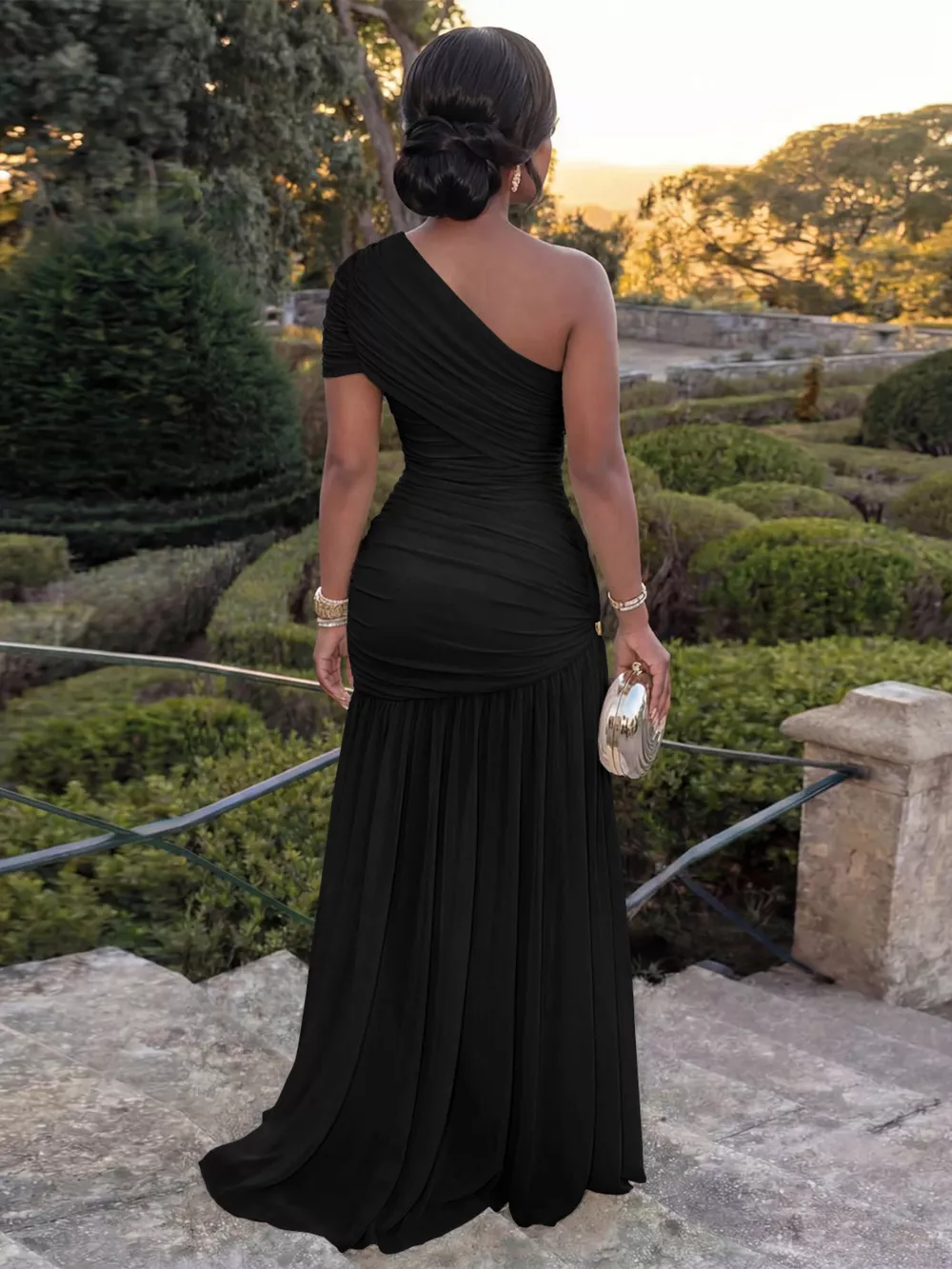 One-Shoulder Ruched High-Slit Evening Dress, image 2
