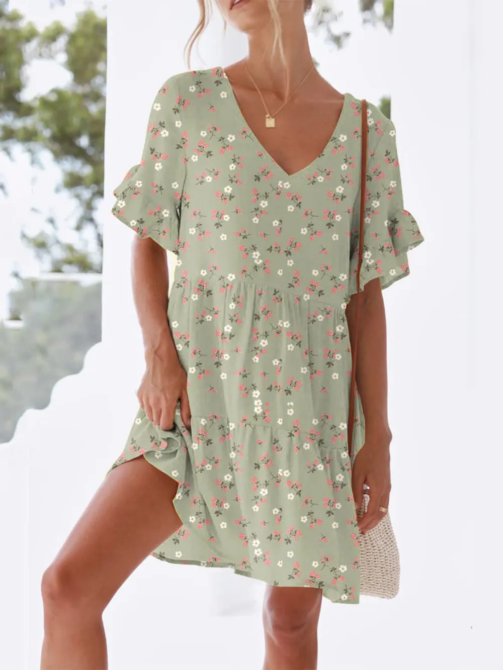 Polka Dot V-Neck Short Sleeve Mini Dress, image 7