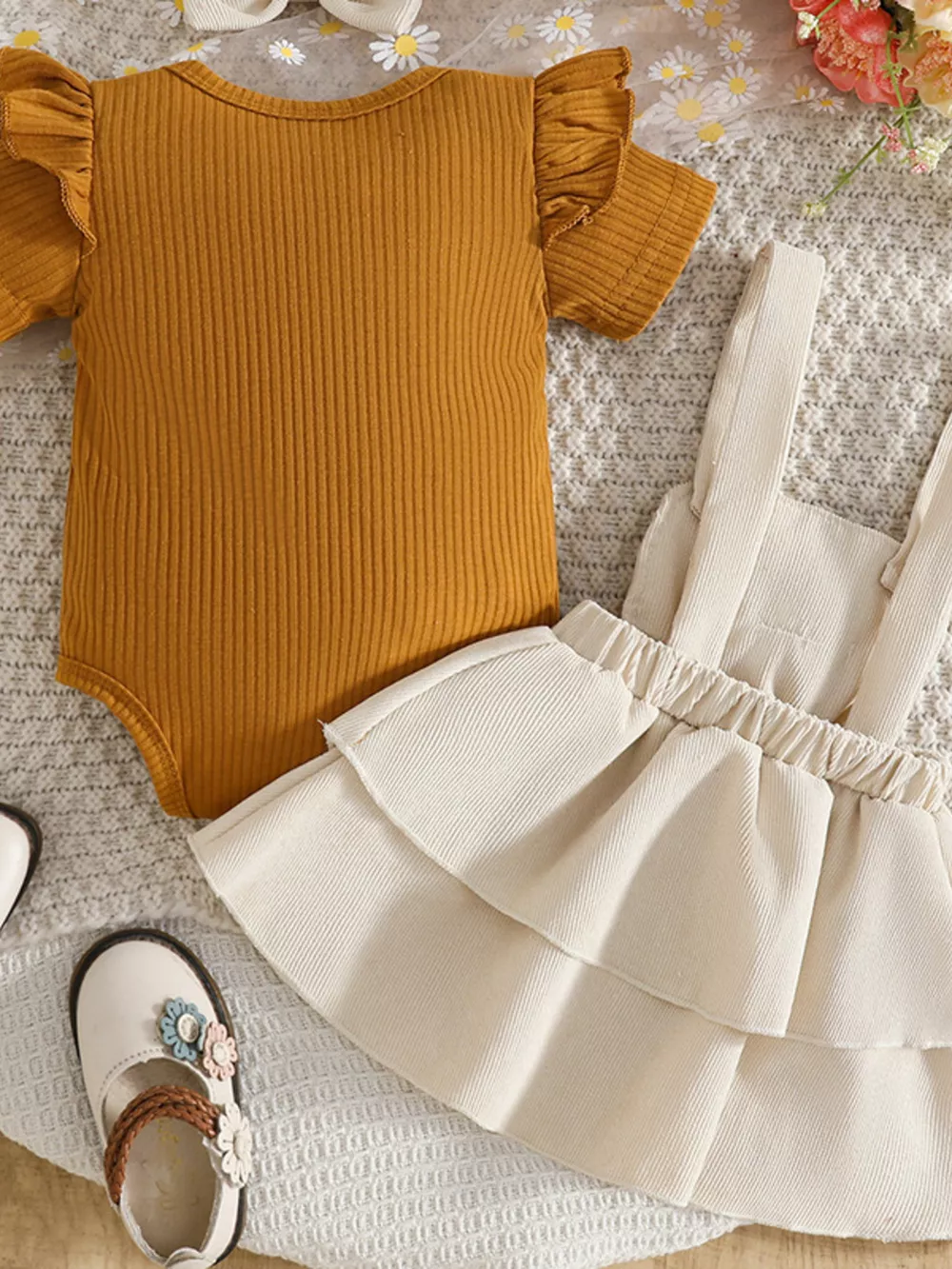 Children's Ribbed Top & Bow Decor Suspender Dress & Headband Set, image 4