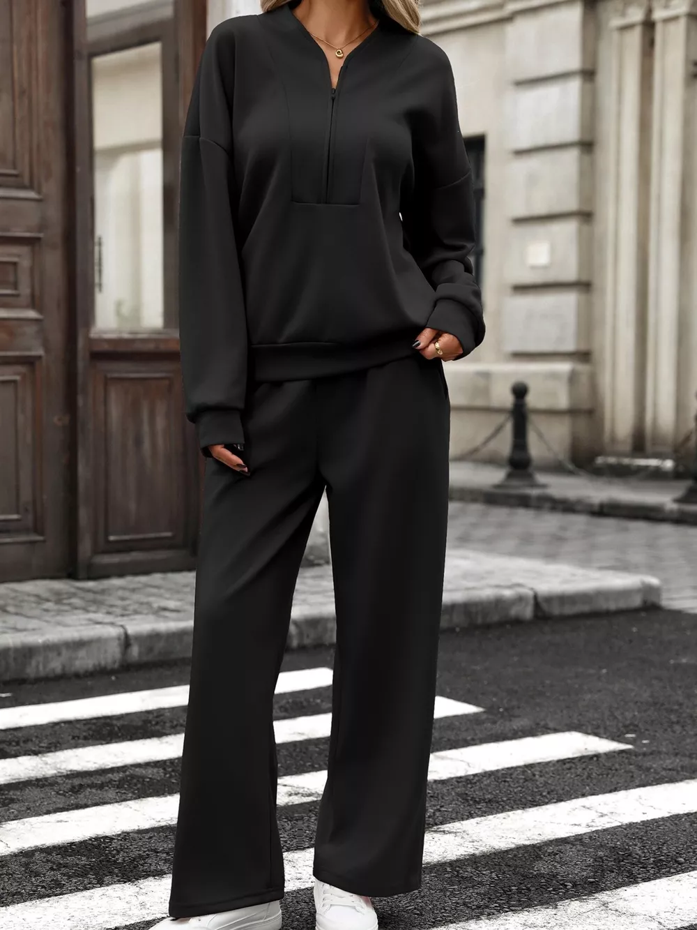 Half Zip Sweatshirt and Wide-Leg Pants Set, image 10
