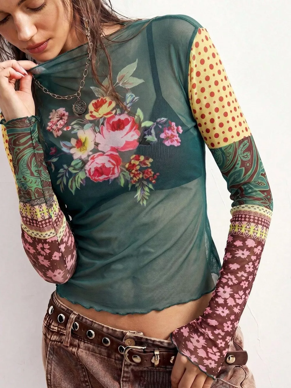 Floral Print Mesh Mock Neck Long Sleeve Top, image 8