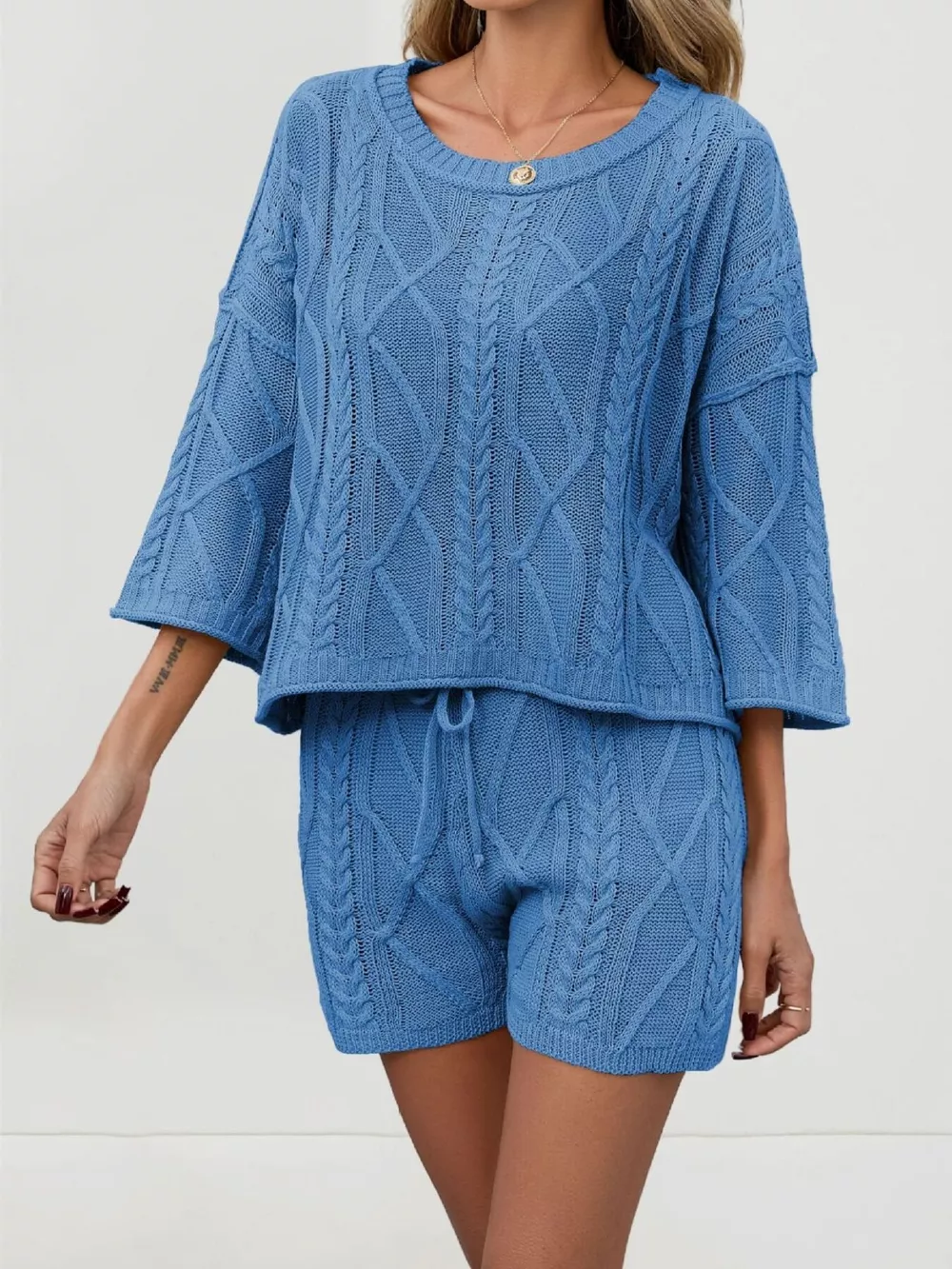 Cable Knit Round Neck Top and Shorts Sweater Set, image 8