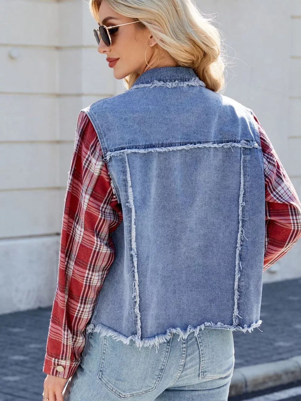 Raw Hem Plaid Sleeve Denim Jacket, image 6