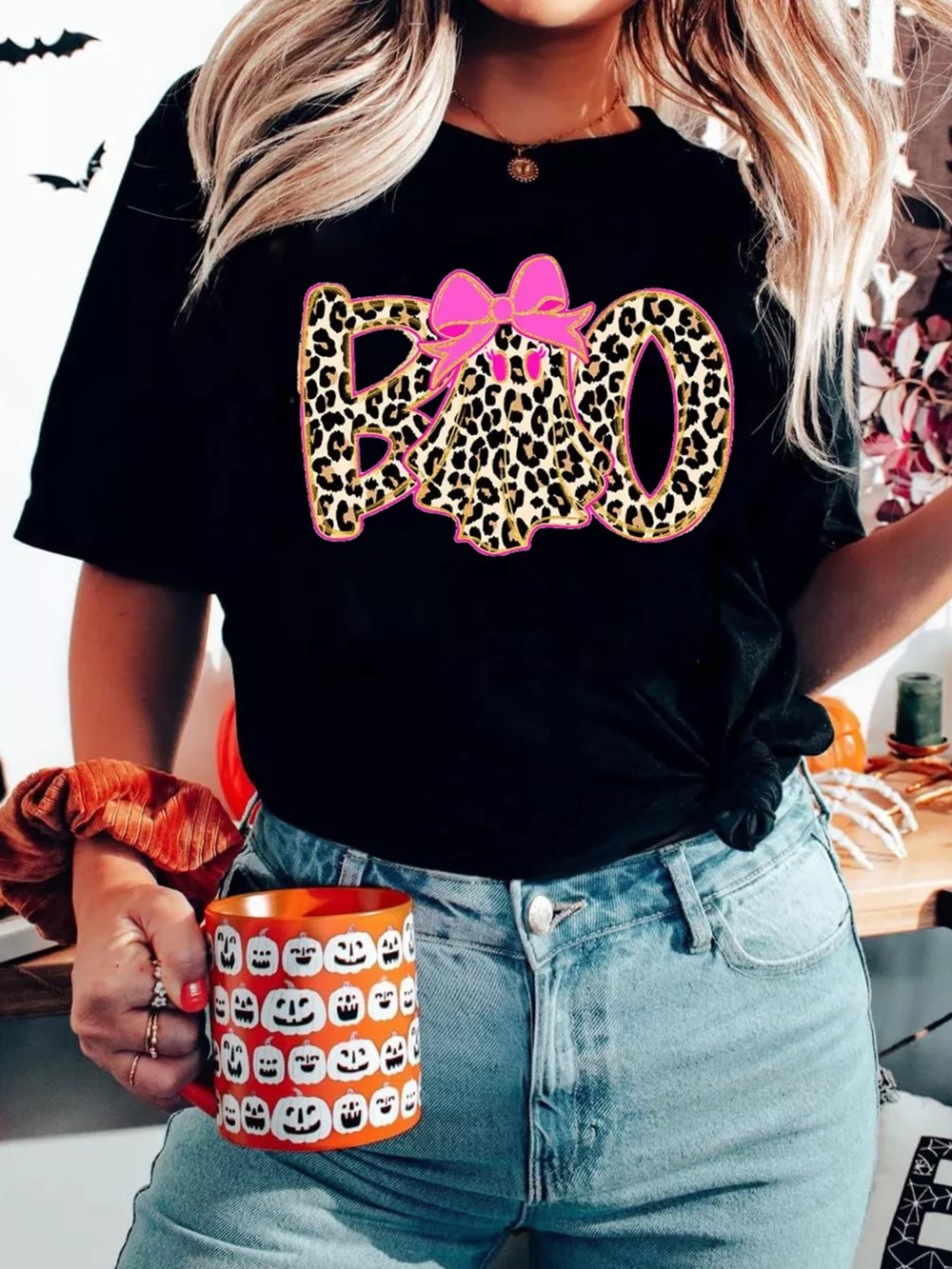 Halloween Ghost Boo Graphic Round Neck T Shirt