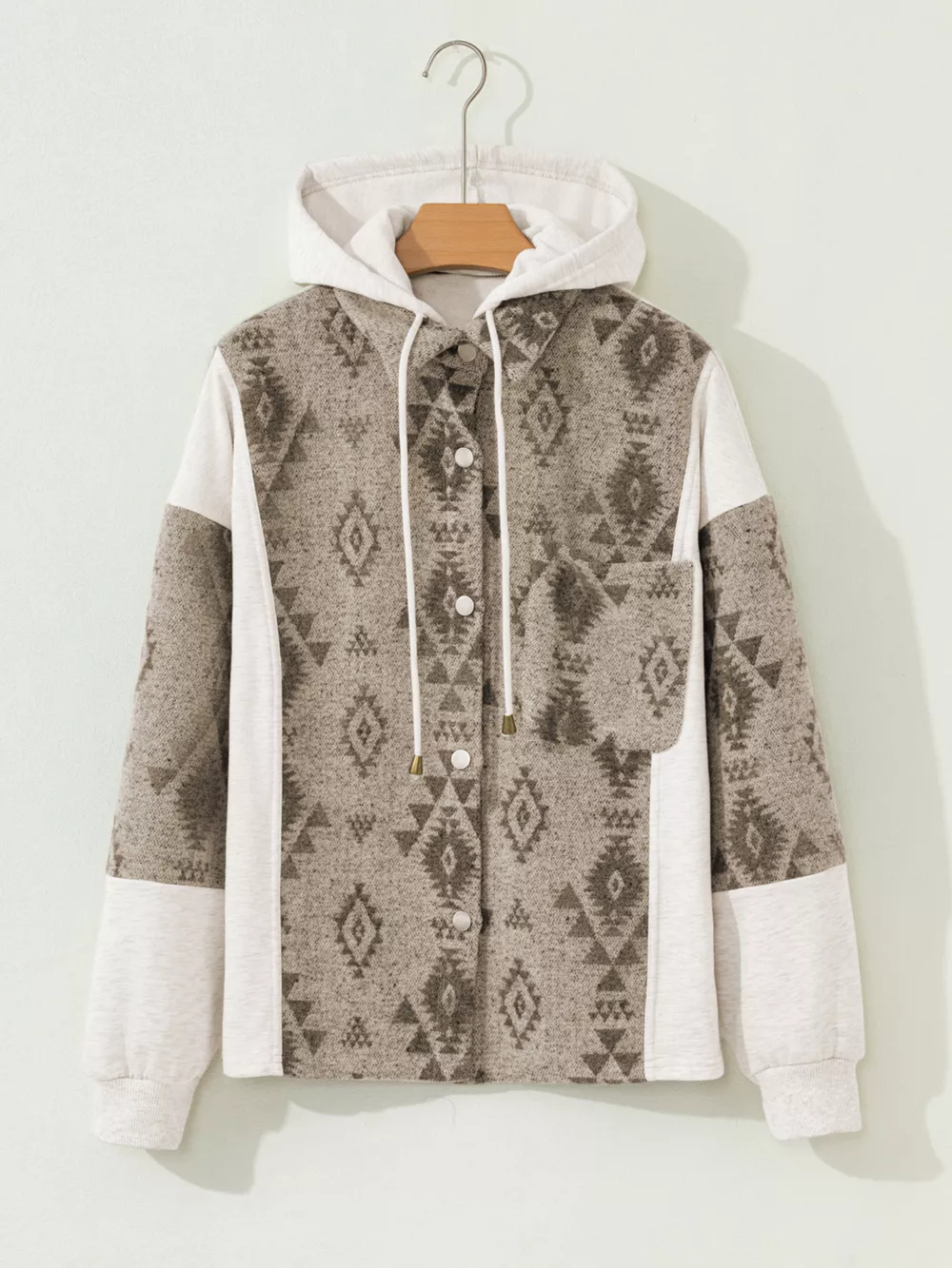 Western Aztec Print Color Block Patchwork Drawstring Hooded Shacket, image 11