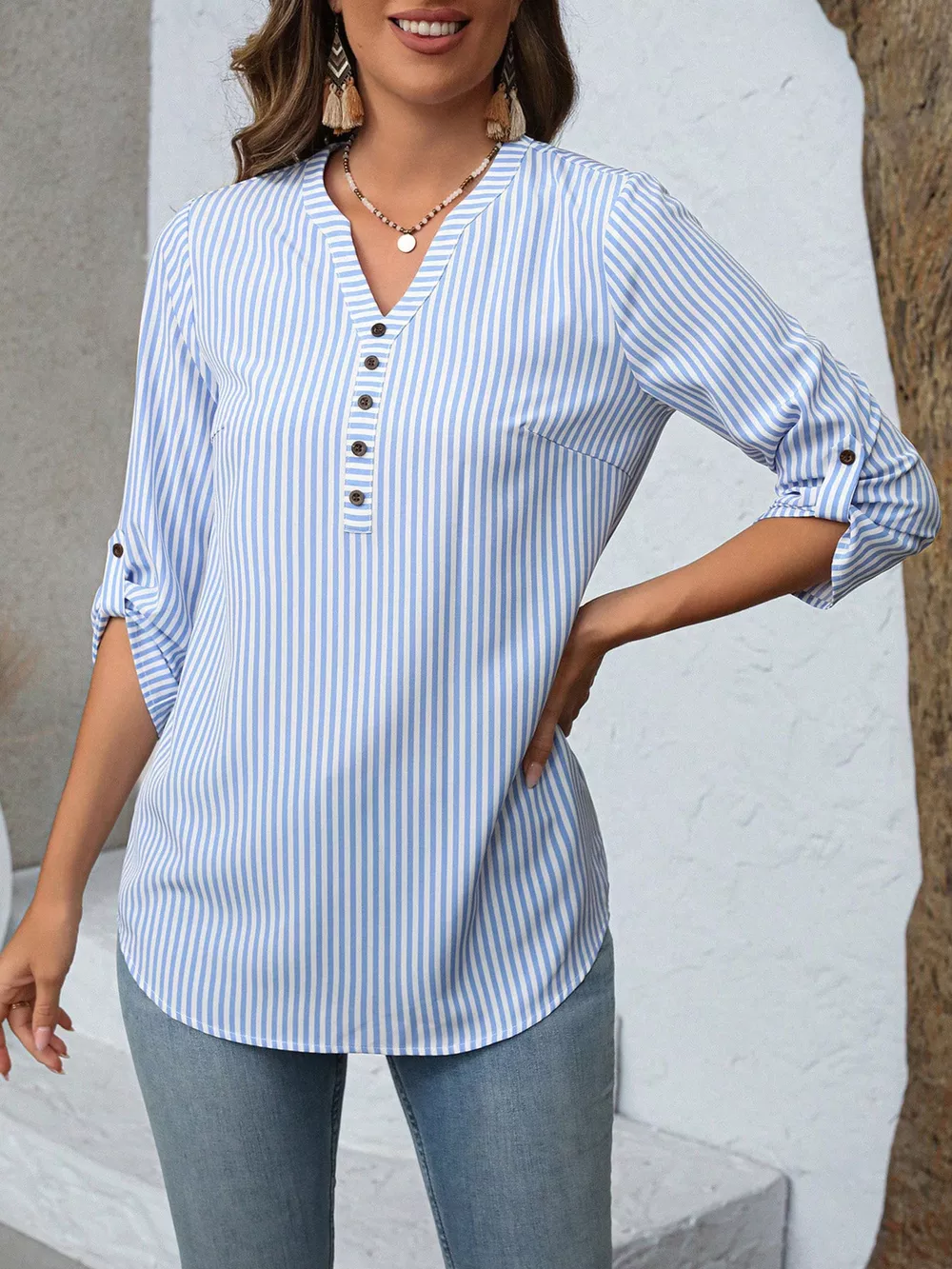 Striped V-Neck Roll-Up Sleeve Blouse, image 4