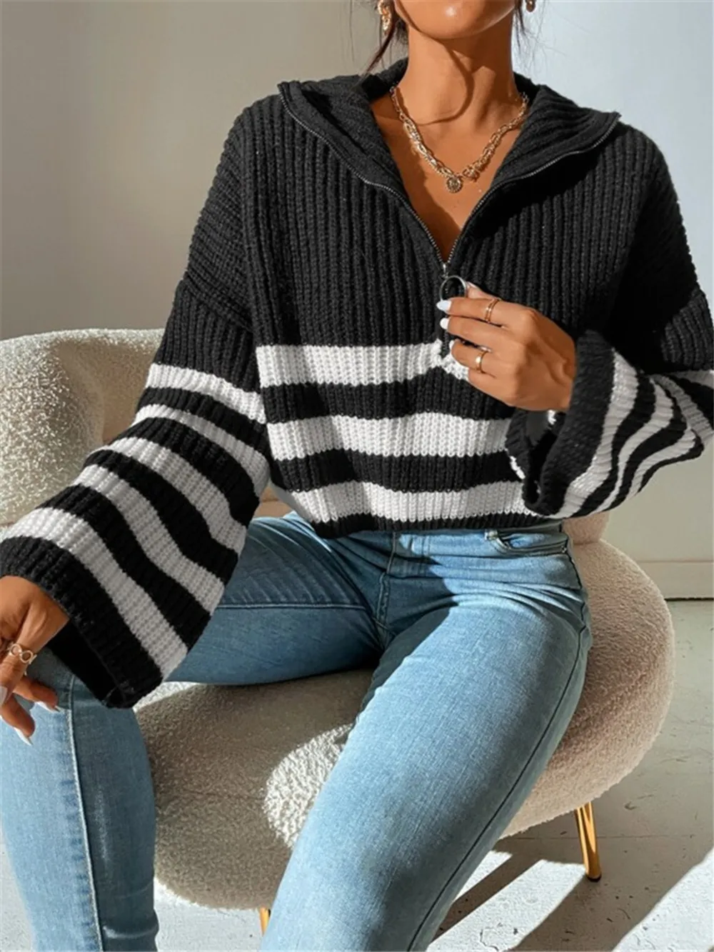 Striped Half Zip Cropped Sweater, image 12
