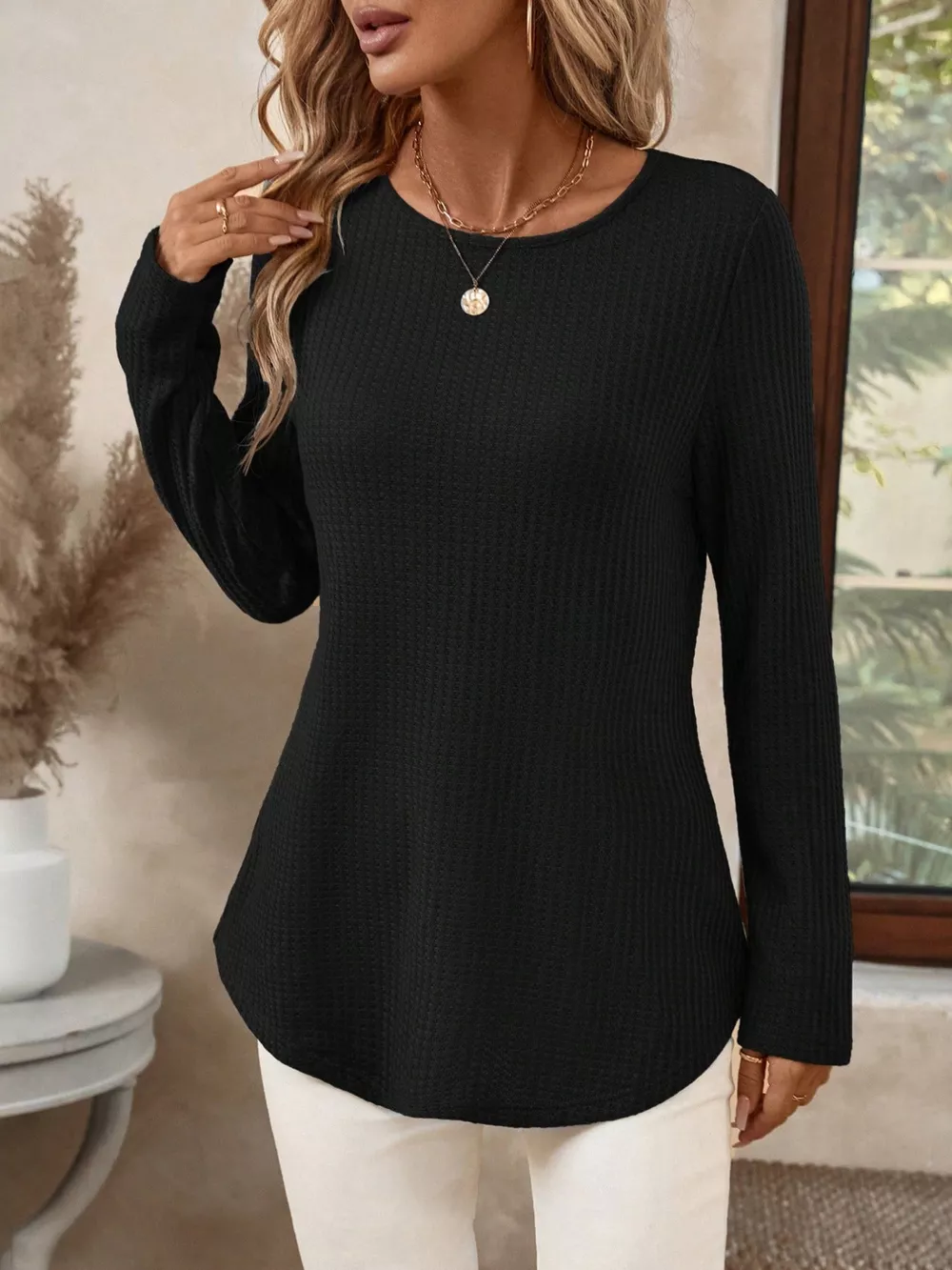 Plus Size Casual Waffle Knit Long Sleeve T-Shirt, image 9