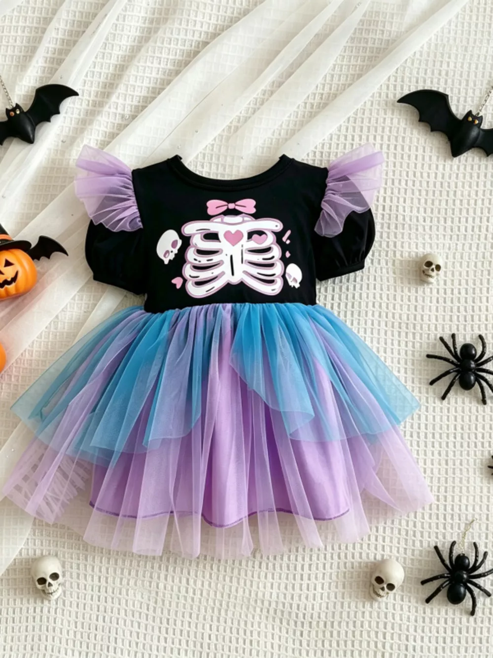 Children's Halloween Skeleton Graphic Tulle Tutu Dress, image 2
